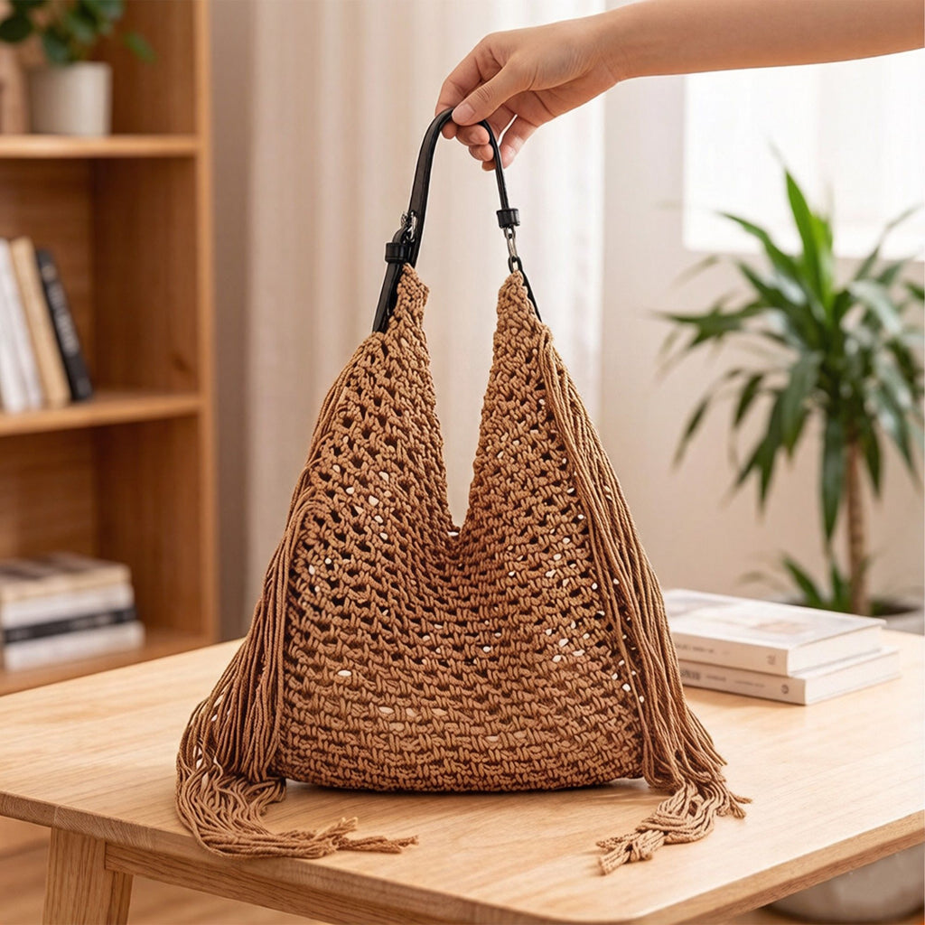 Woven Crochet Shoulder Bag with Fringe Detail Slouchy Hobo Style Lightweight Handbag