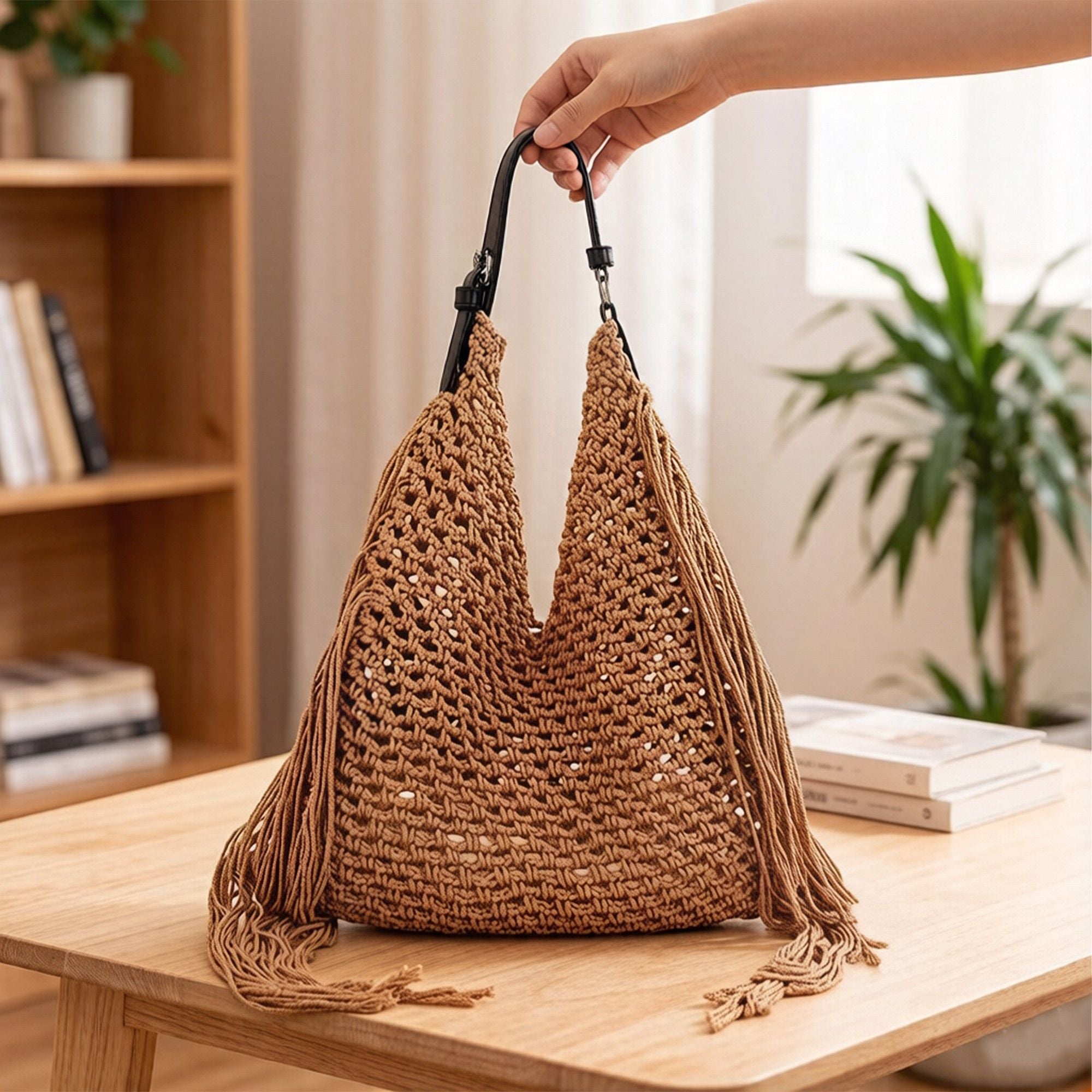Woven Crochet Shoulder Bag with Fringe Detail Slouchy Hobo Style Lightweight Handbag