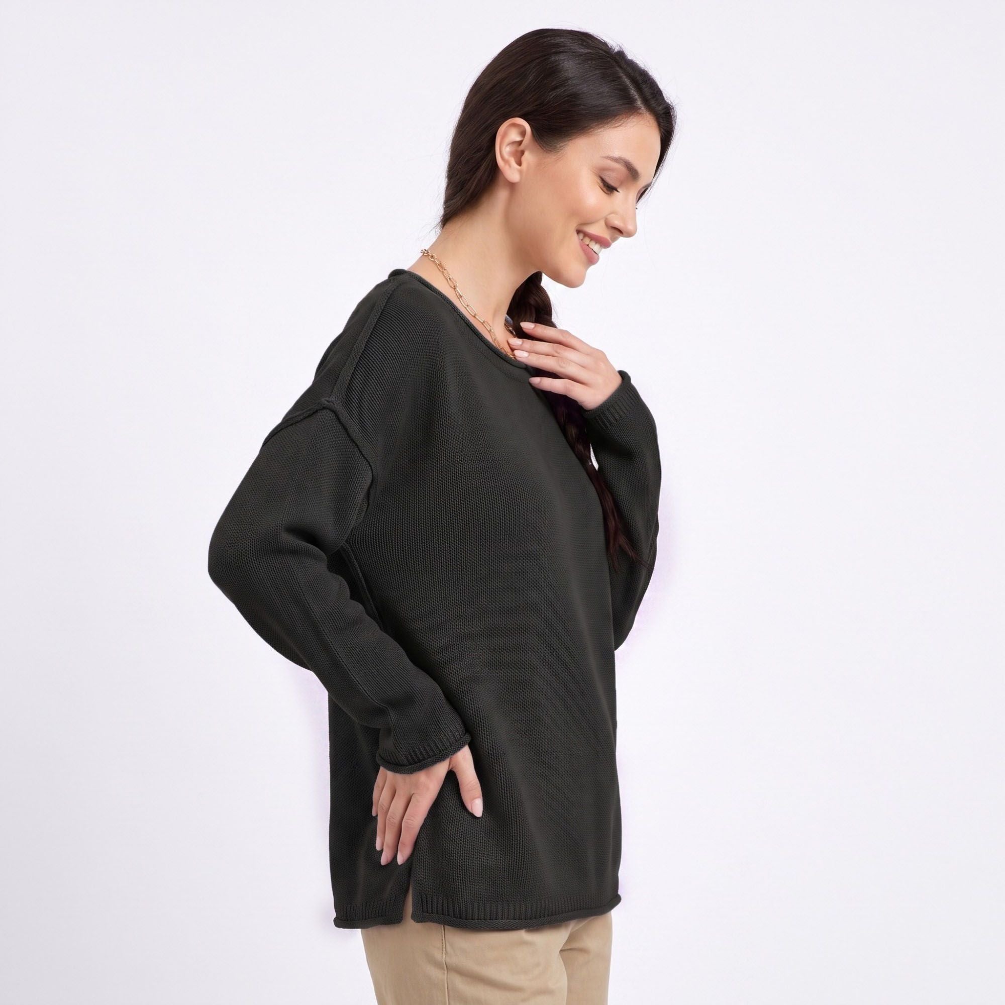 Relaxed Drop Shoulder Crew Neck Long Sleeve Knit Sweater