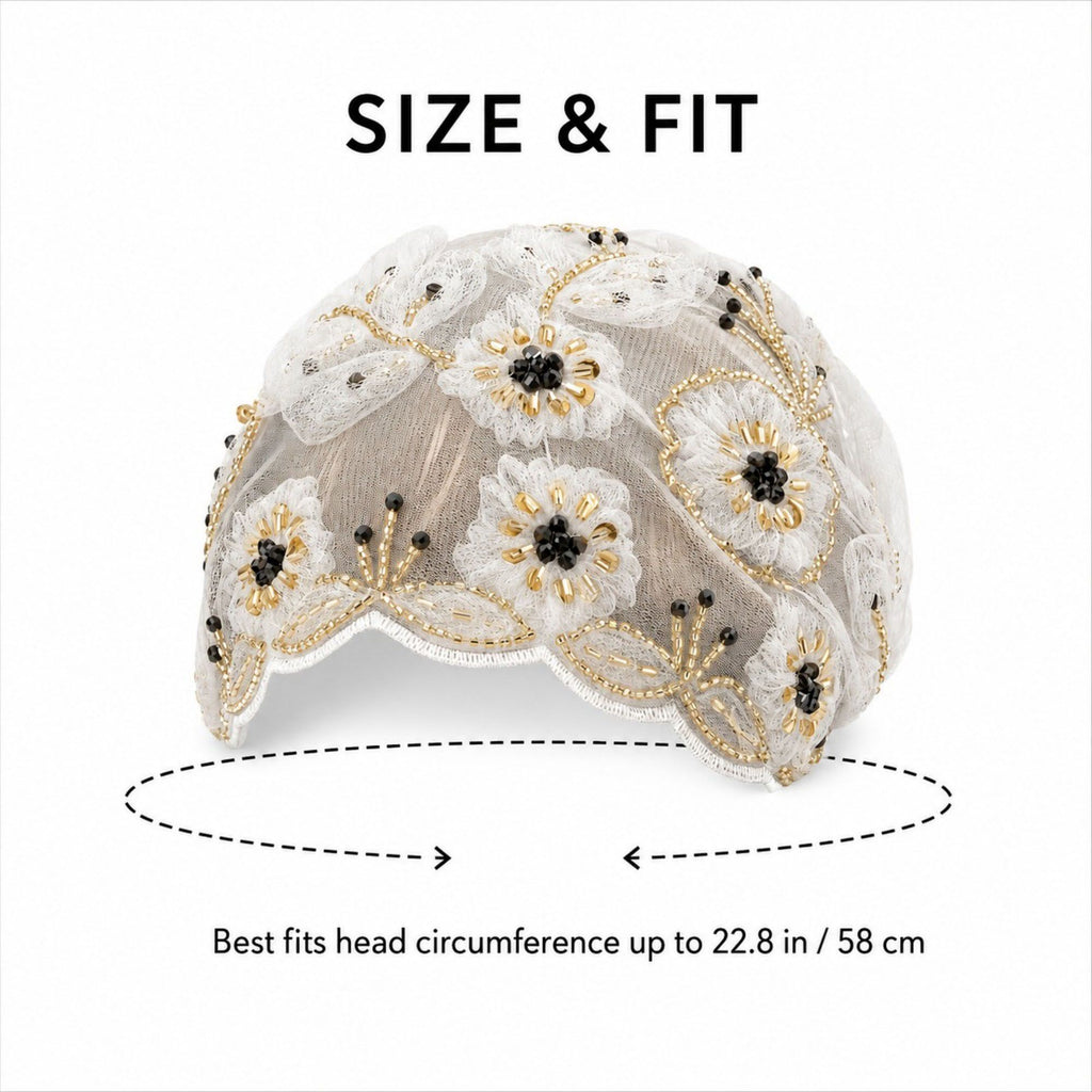 Floral Beaded Mesh Cloche Cap with Scalloped Trim