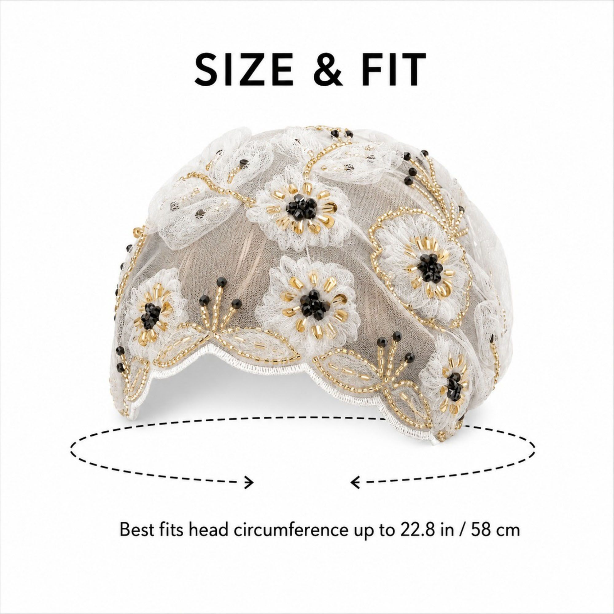 Floral Beaded Mesh Cloche Cap with Scalloped Trim