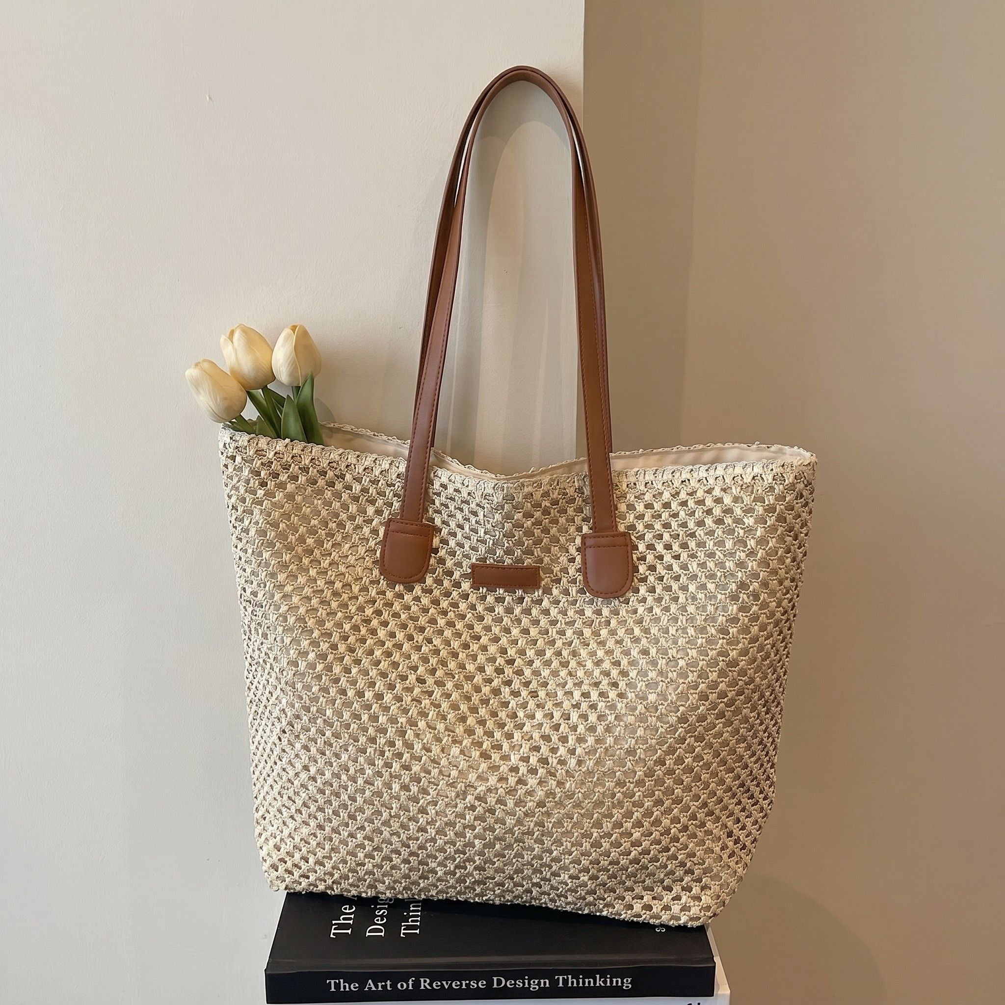 Woven Straw Tote Bag Faux Leather Handles Large Capacity Shoulder Handbag for Everyday Use