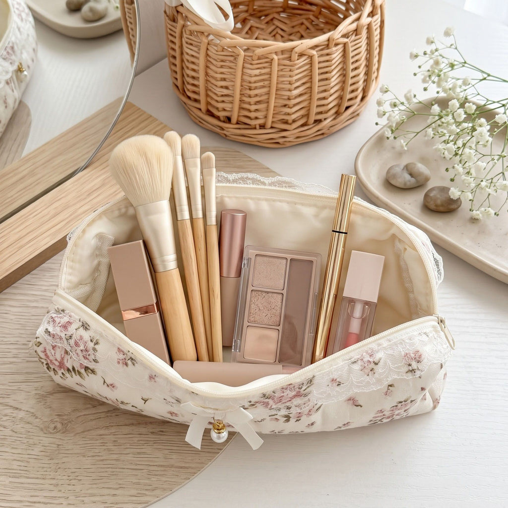 Womens Floral Makeup Bag with Bow Pearl Charm and Zipper Closure