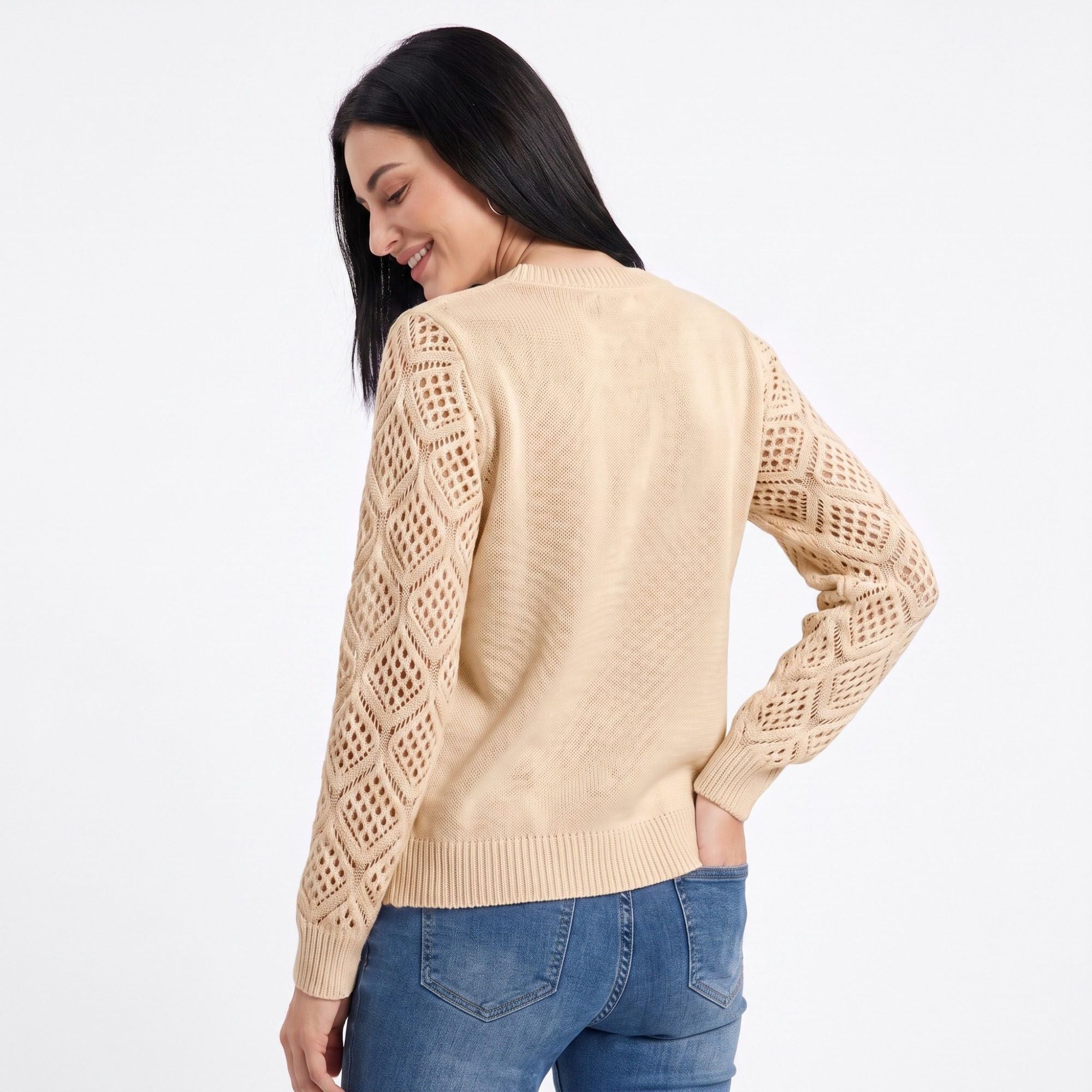 V-Neck Openwork Sleeve Long Sleeve Knit Sweater