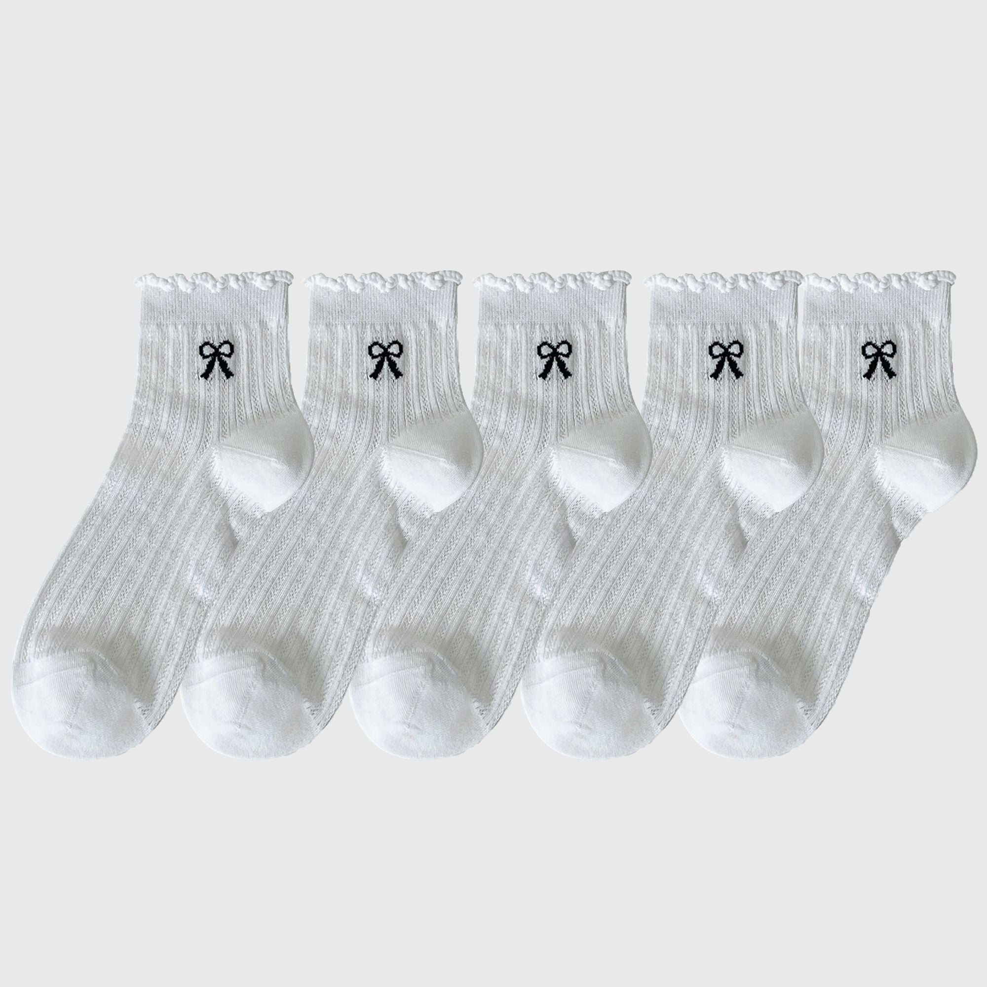 Anna-Kaci Women's Summer Ribbed Ankle Socks with Bow Embroidery 5Pk