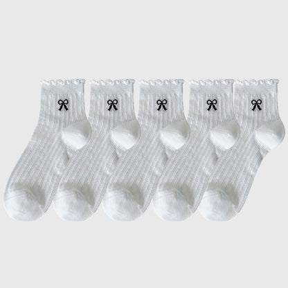 Anna-Kaci Women's Summer Ribbed Ankle Socks with Bow Embroidery 5Pk
