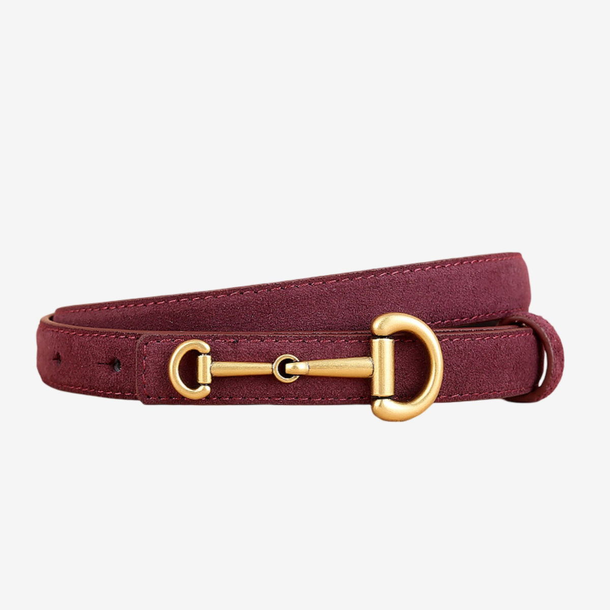 Suede Leather Skinny Belt with Equestrian Gold Tone Buckle 39.4in