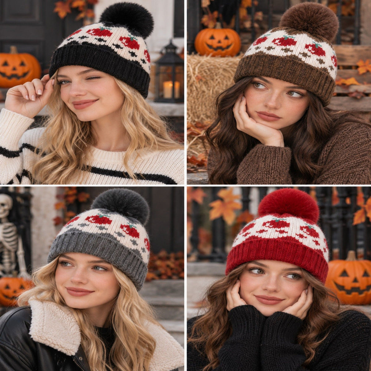 Fair Isle Pom Pom Knit Beanie with Ribbed Cuff Winter Hat