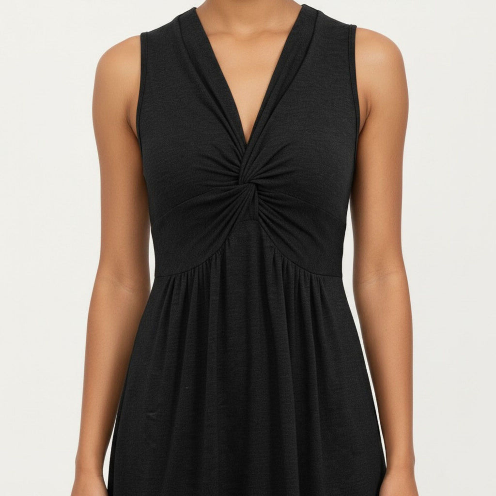 Anna-Kaci Women's Sleeveless V Neck Midi Dress with Front Twist Detail and Flowy A Line Silhouette
