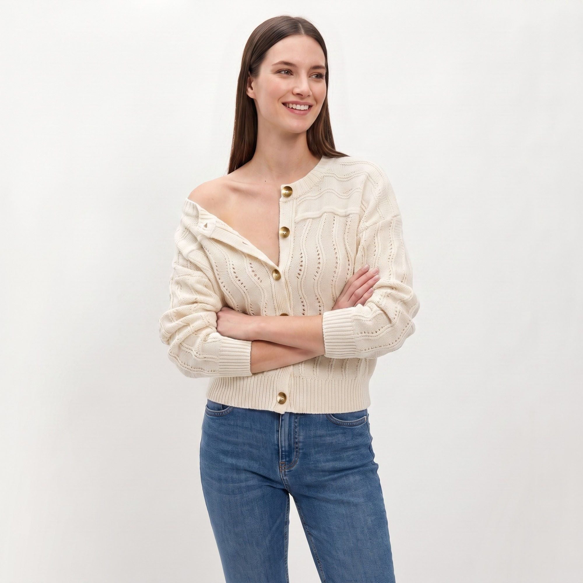 Wavy Pointelle Button-Front Long Sleeve Knit Cardigan