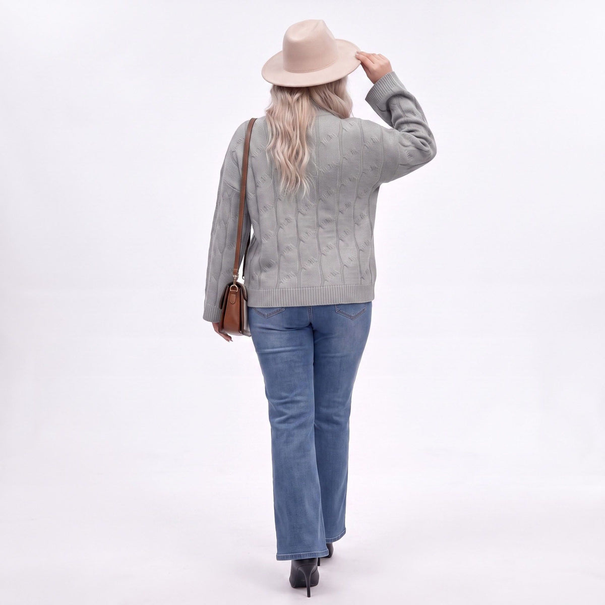 Plus Size Mock Neck Cable Knit Bell Sleeve Sweater