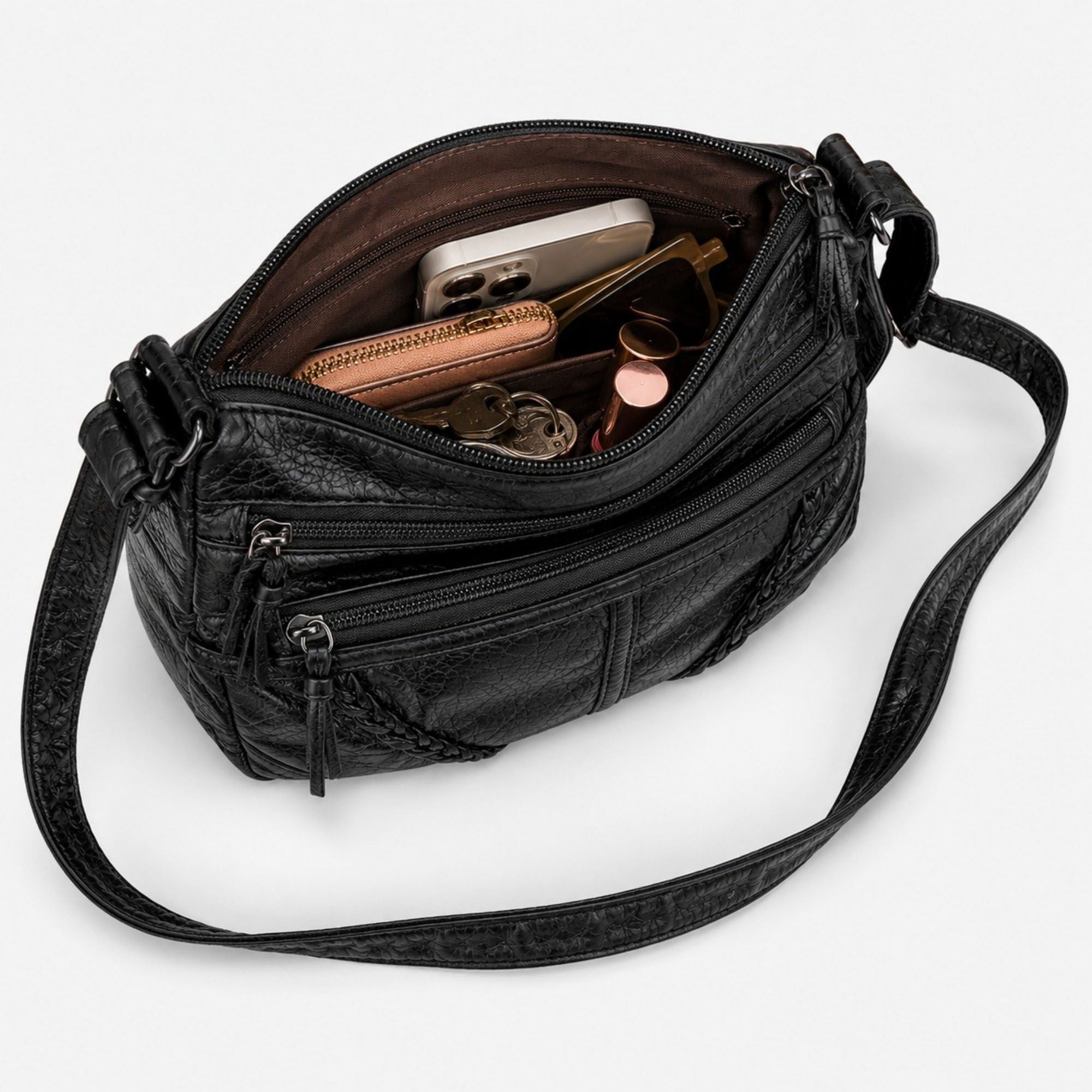 Multi-Pocket Crossbody Bag with Adjustable Strap and Braided Trim