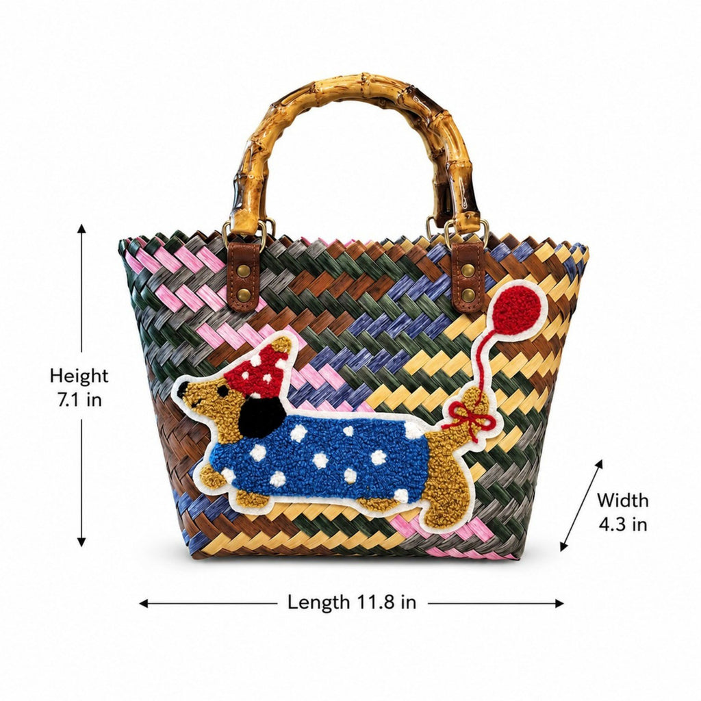 Woven Bamboo Handle Tote Handbag with Whimsical Dachshund Applique, Structured Shape and Roomy Interior
