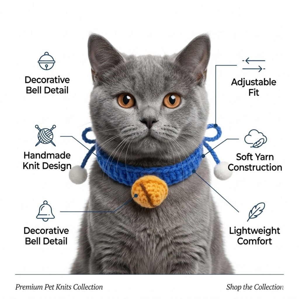 Hand Knit Pet Collar with Soft Crochet Bell Adjustable Silent Collar Necklace for Cats and Small Dogs