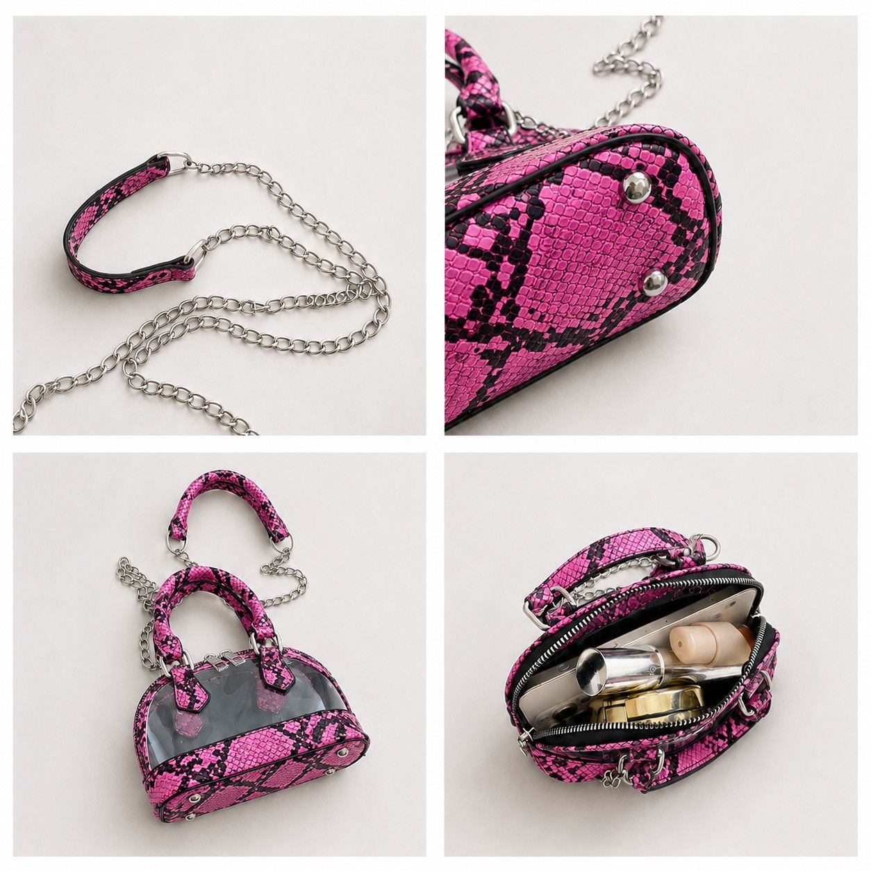 Clear PVC Mini Crossbody Satchel Bag with Print Trim and Chain Strap