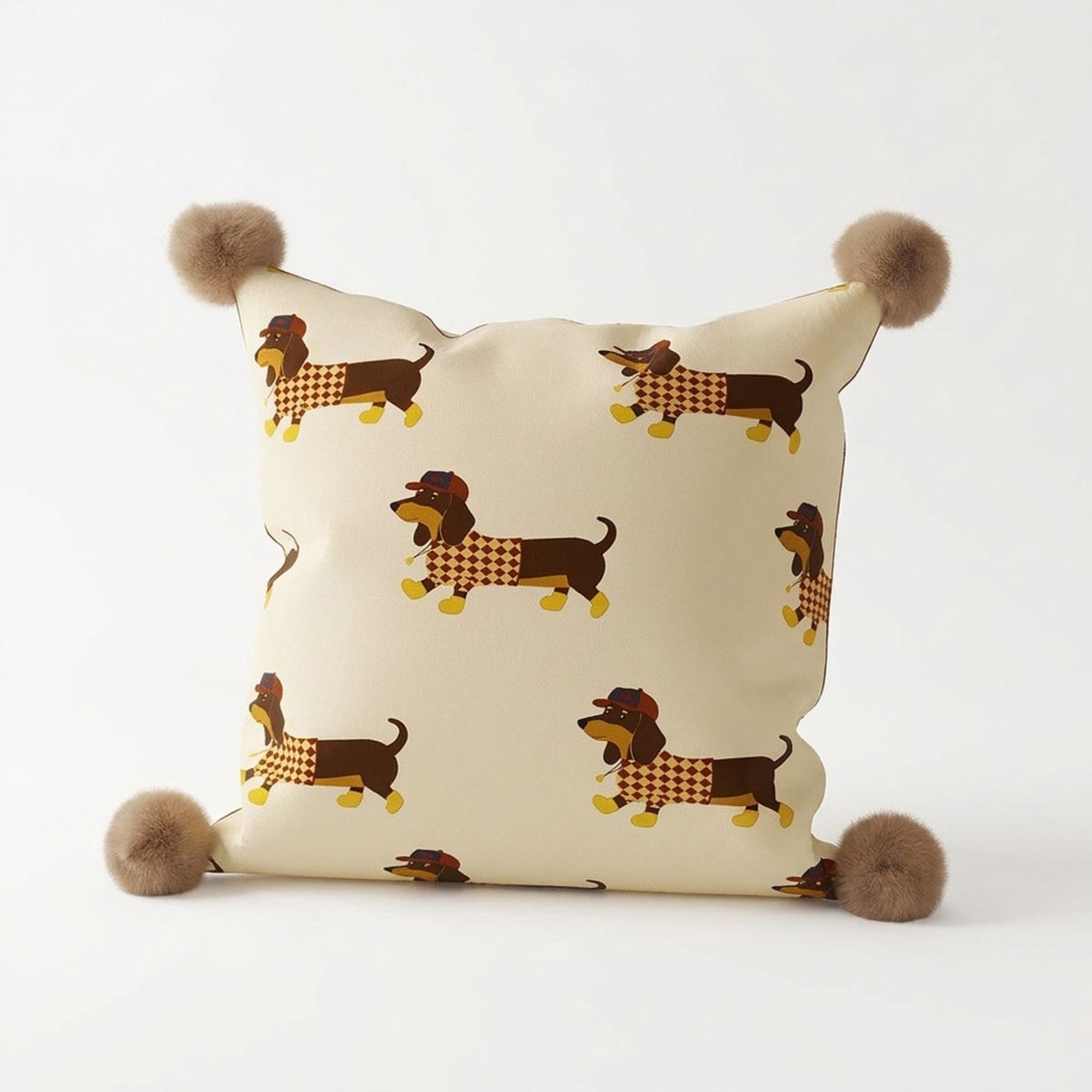 Dachshund Dog Print Decorative Throw Pillow Cover with Pom Pom Corners and Hidden Zipper