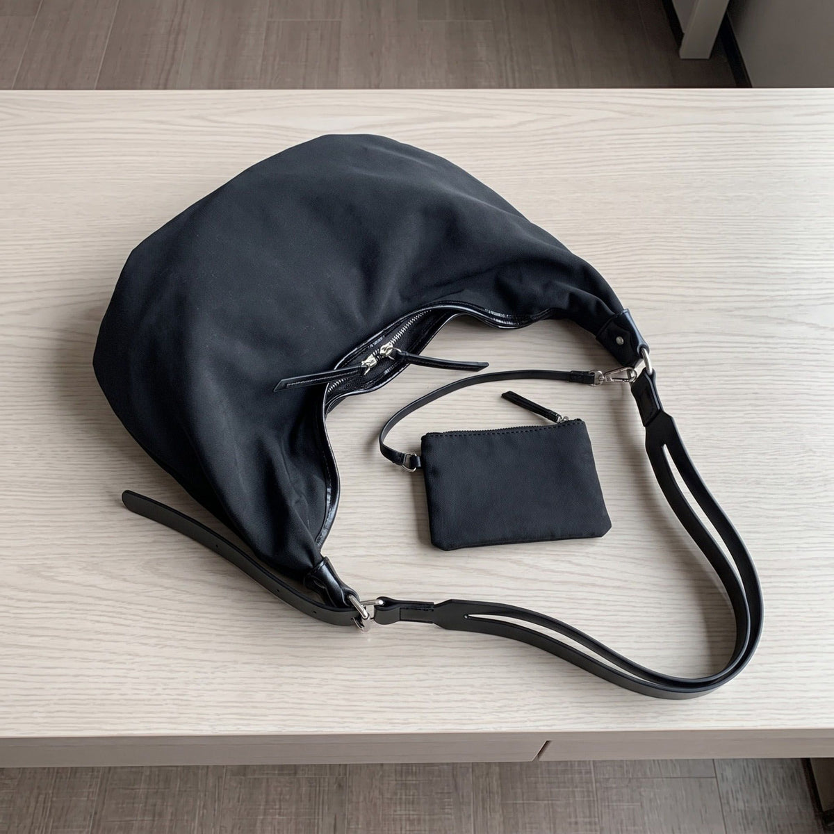 Crescent Hobo Shoulder Bag with Detachable Zip Pouch and Adjustable Strap