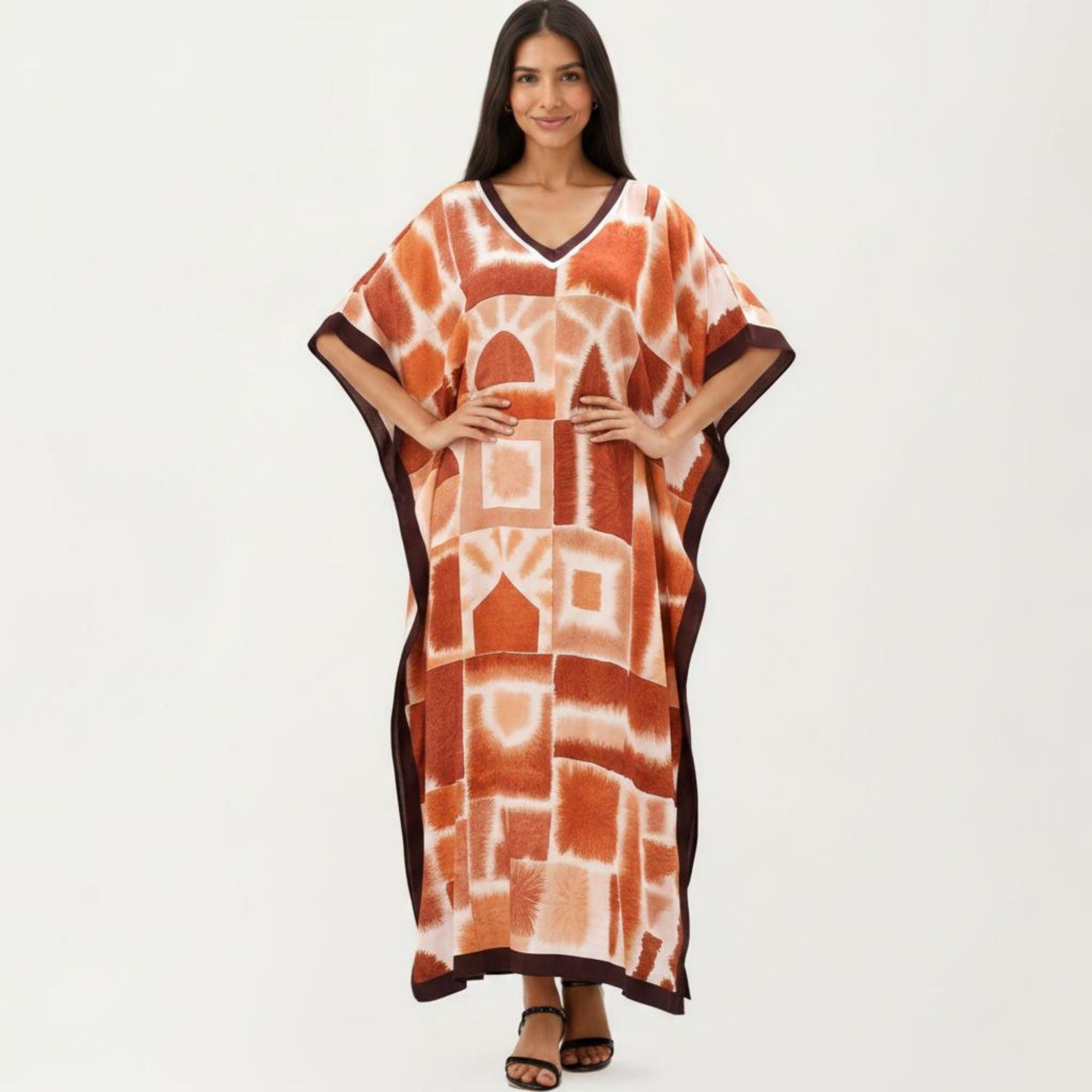 Anna-Kaci Women's Abstract Print Maxi Caftan Dress with V-Neckline Short Sleeves and Relaxed Draped Silhouette