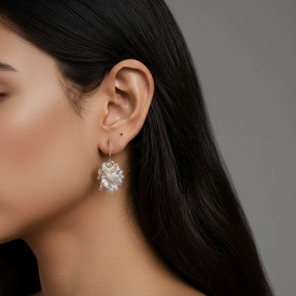 Women's Crystal Floral Drop Earrings with Textured Petal Accents and Sparkling Rhinestone Details