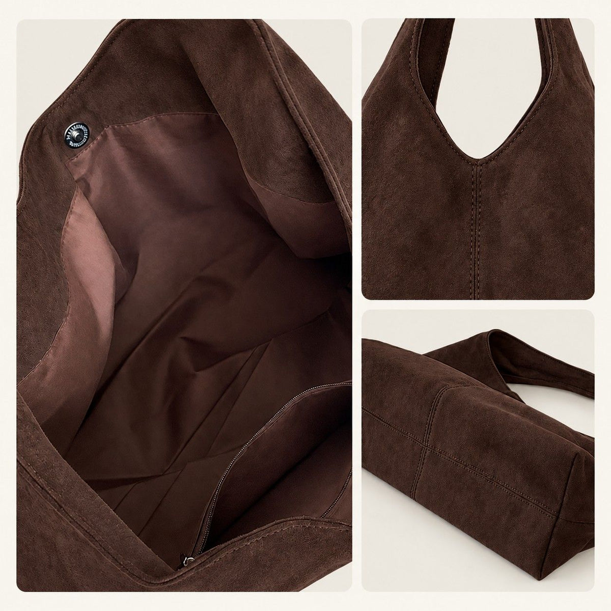 Large Faux Suede Hobo Shoulder Bag with Magnetic Closure and Interior Zip Pocket
