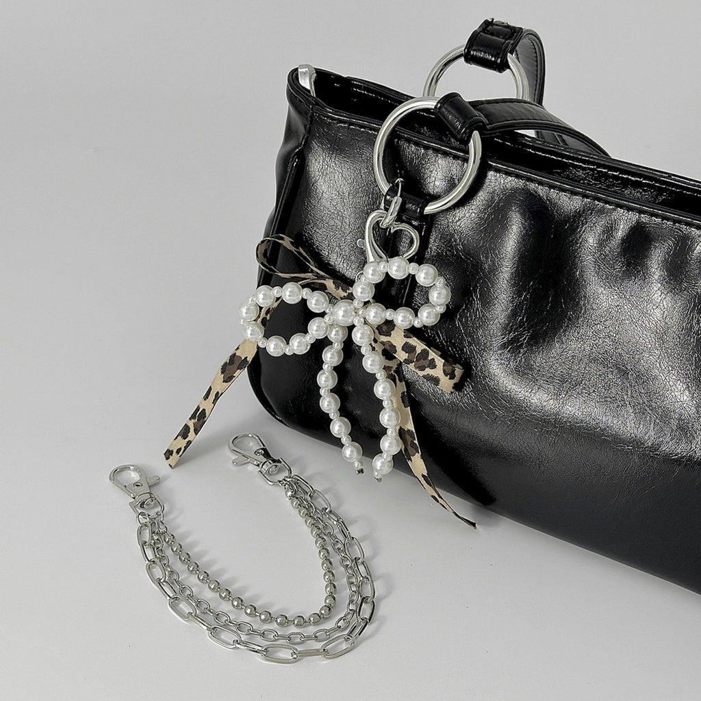 Pearl Bow Chain Bag Charm with Leopard Ribbon Layered Silver Tone Clips for Bags and Jeans