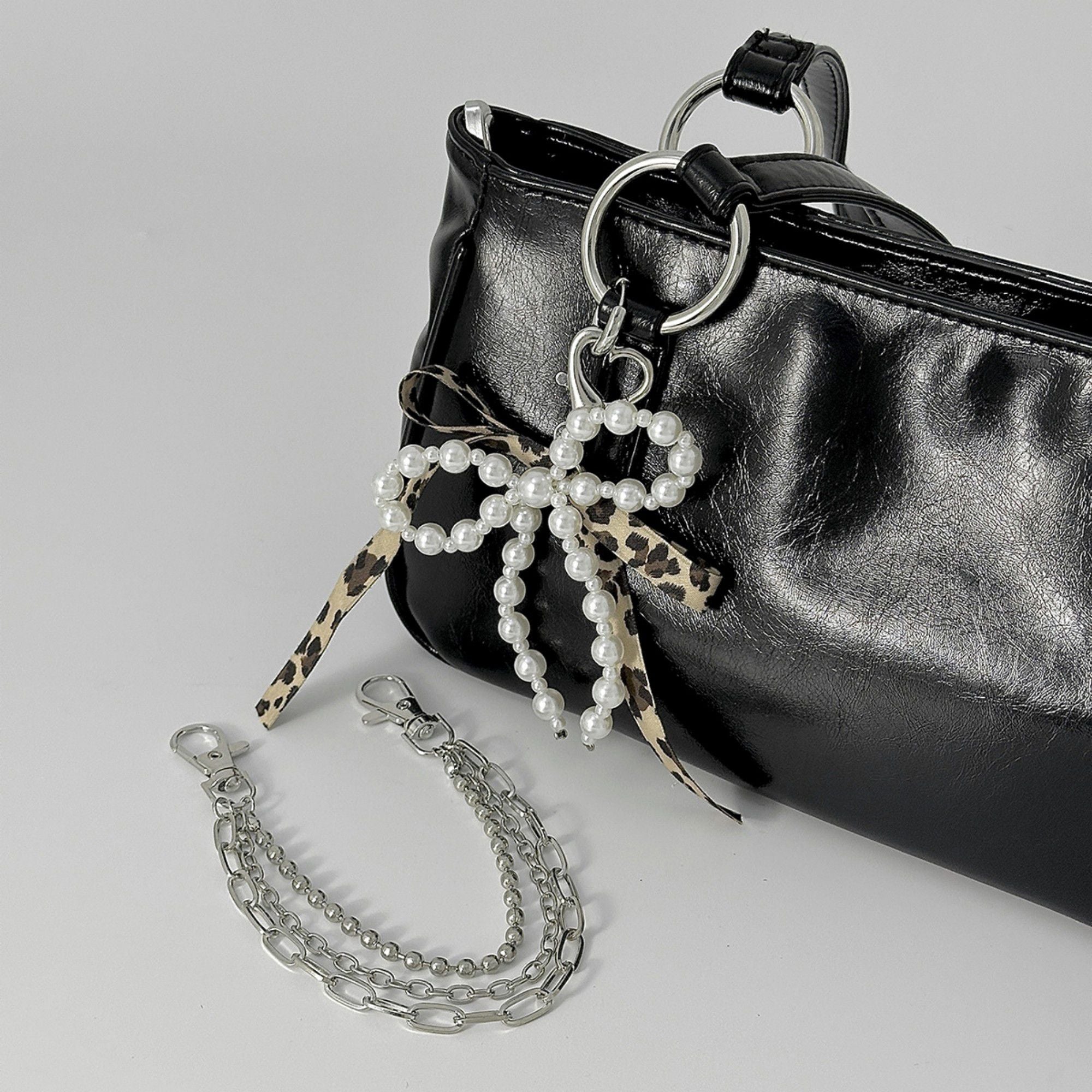 Pearl Bow Chain Bag Charm with Leopard Ribbon Layered Silver Tone Clips for Bags and Jeans