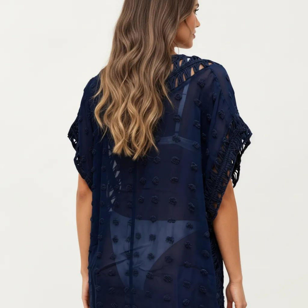 Anna-Kaci Women's Sheer Crochet Trim Cover Up Dress with Tassel Detail Relaxed Fit and Short Sleeves