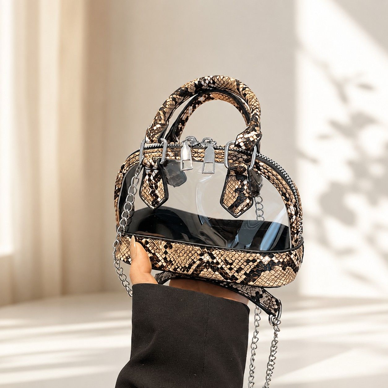 Clear PVC Mini Crossbody Satchel Bag with Print Trim and Chain Strap