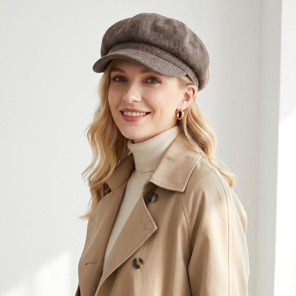 Herringbone Tweed Newsboy Cap Vintage Baker Boy Hat Adjustable