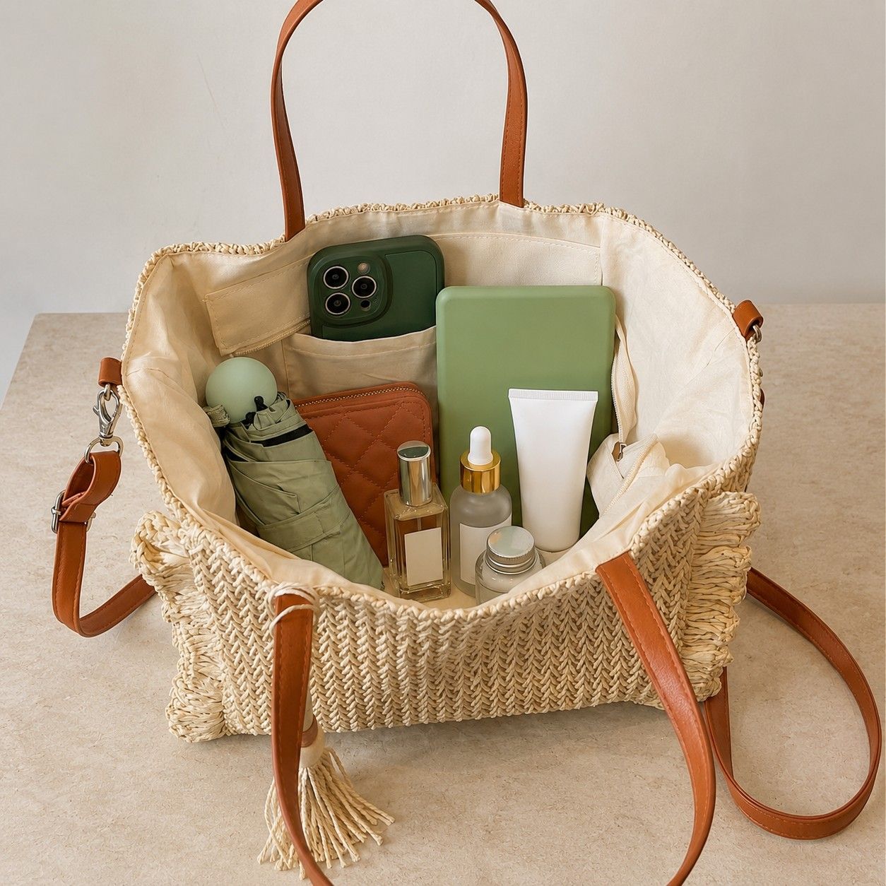 Fringe Woven Tote Bag with Detachable Strap Zip Closure and Tassel Accent