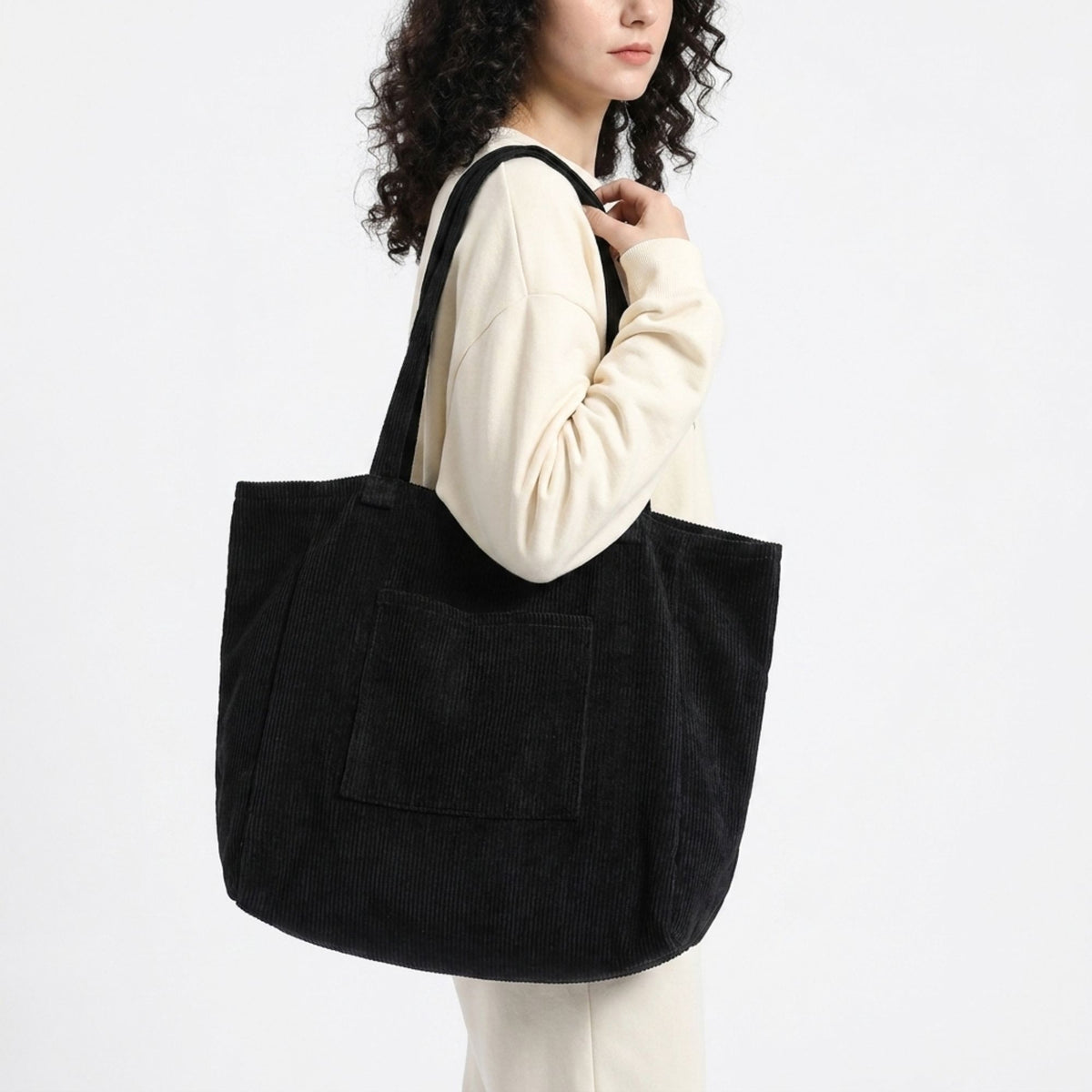 Corduroy Tote Bag Large Capacity Shoulder Bag with Front Pocket