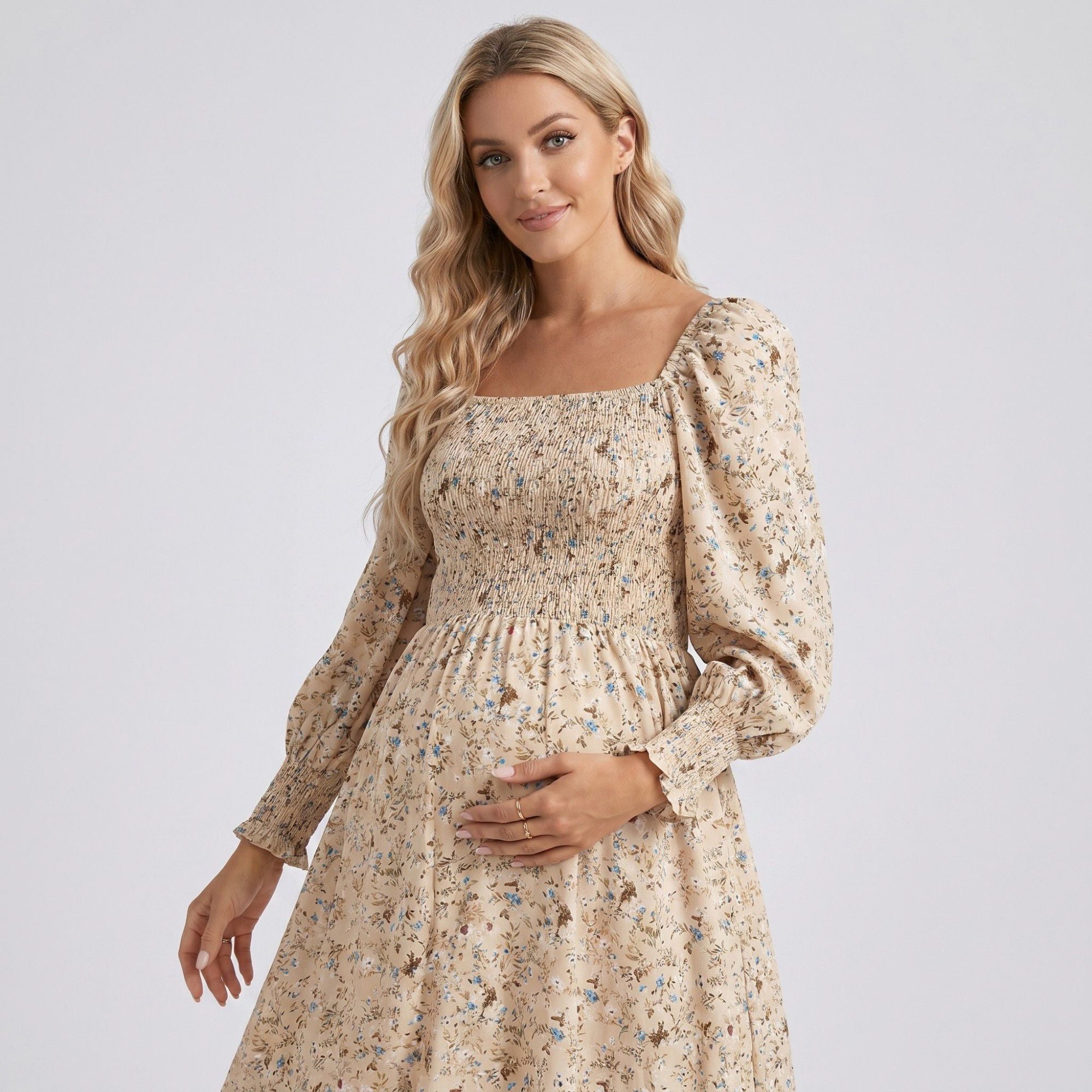 Anna-Kaci Women's Maternity Floral Square Neck Midi Dress with Long Sleeves and Smocked Bodice