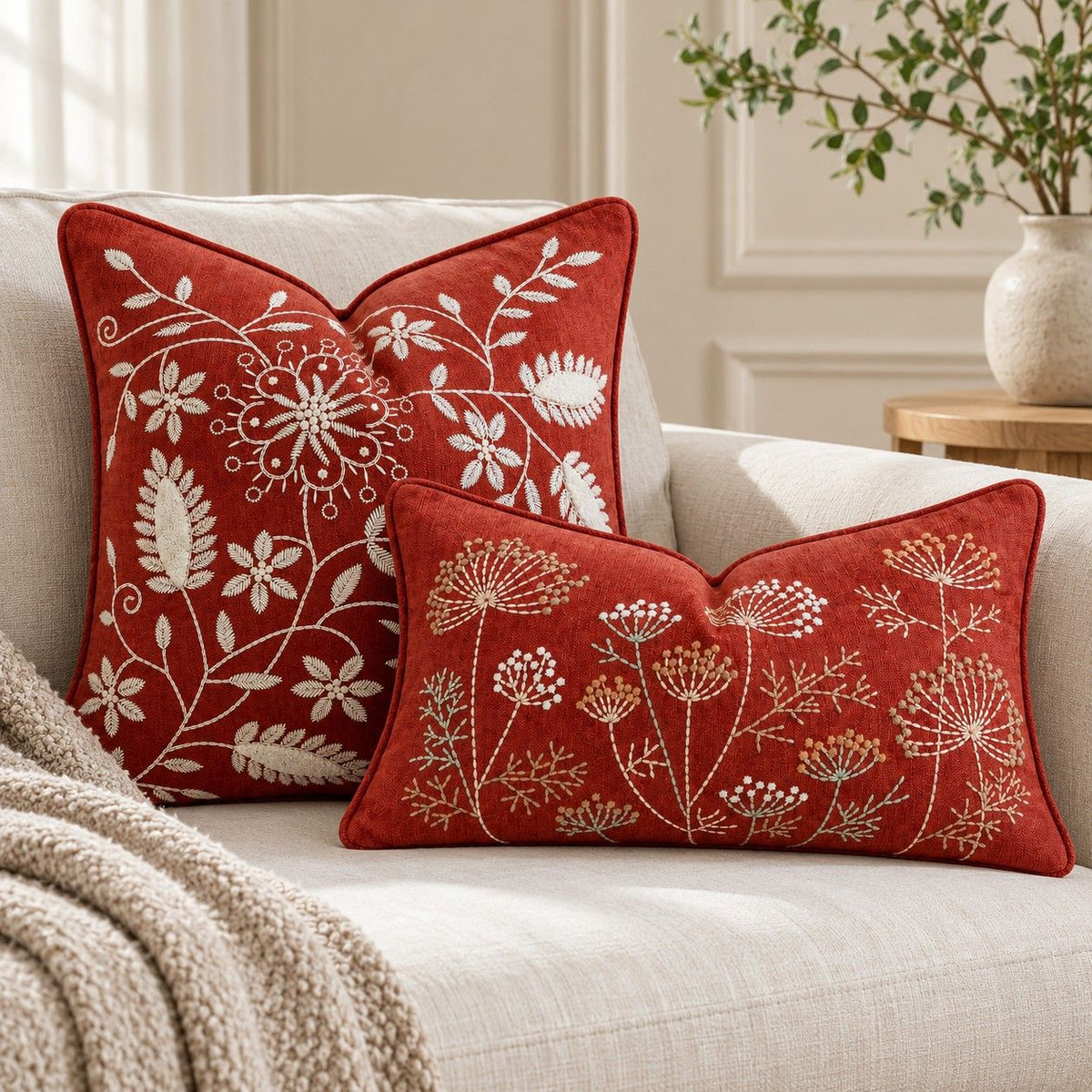 2 Pack Embroidered Floral Throw Pillow Covers 18 x 18 and 12 x 20 Inch