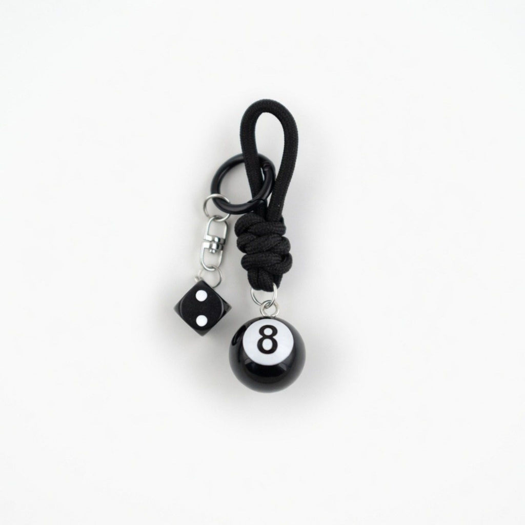 Eight Ball Dice Keychain with Rope Loop Charm Beaded Key Ring Accessory