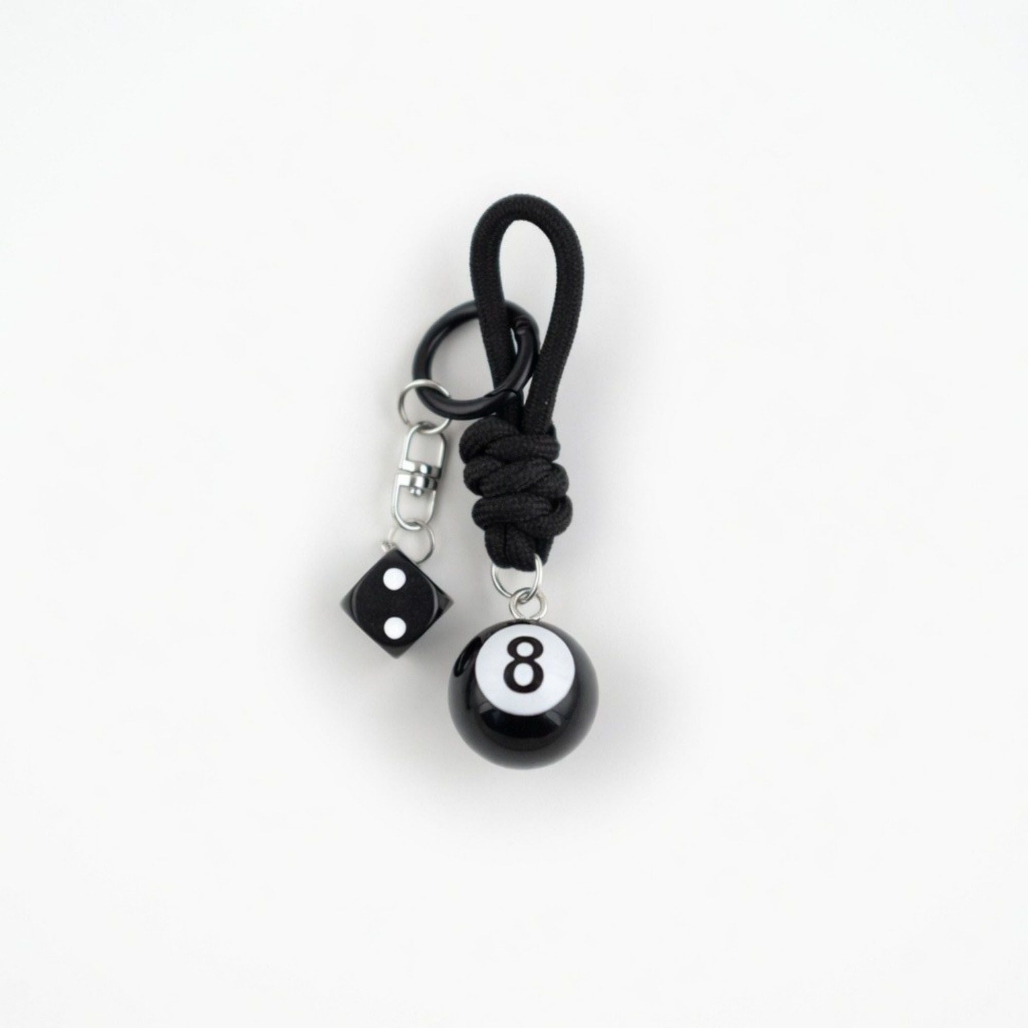 Eight Ball Dice Keychain with Rope Loop Charm Beaded Key Ring Accessory