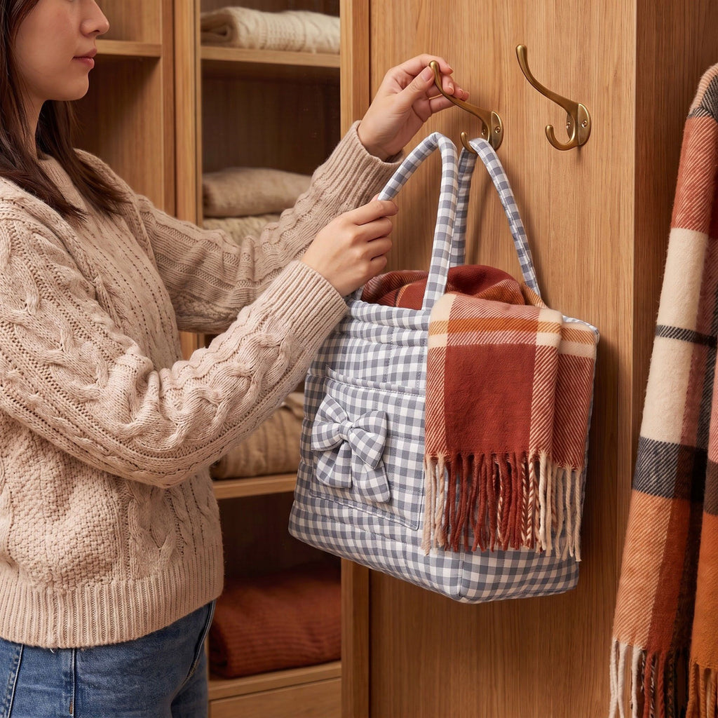Quilted Gingham Storage Basket with Handles and Bow
