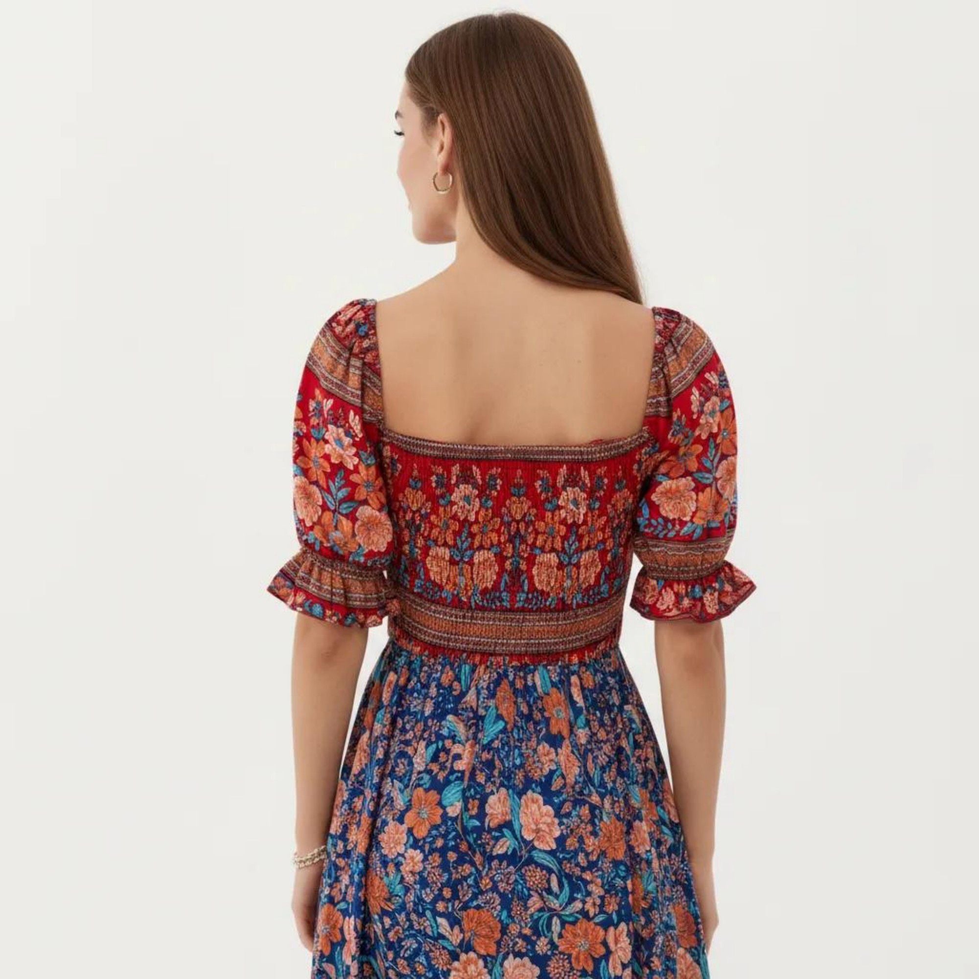 Anna-Kaci Women's Puff Sleeve Maxi Dress with Mixed Floral Print and Border Hem