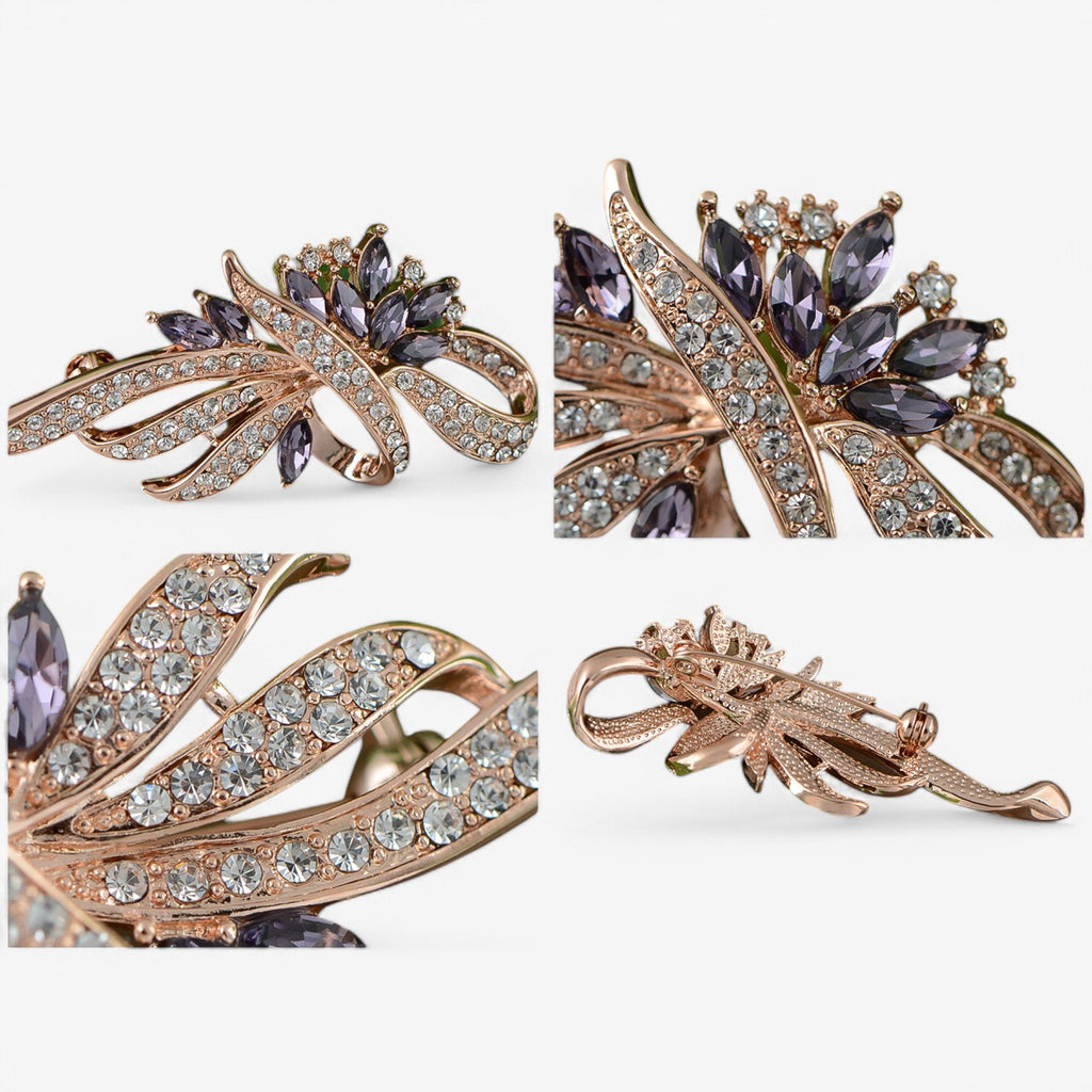 Elegant Floral Brooch with Purple Crystal Rhinestone Accents