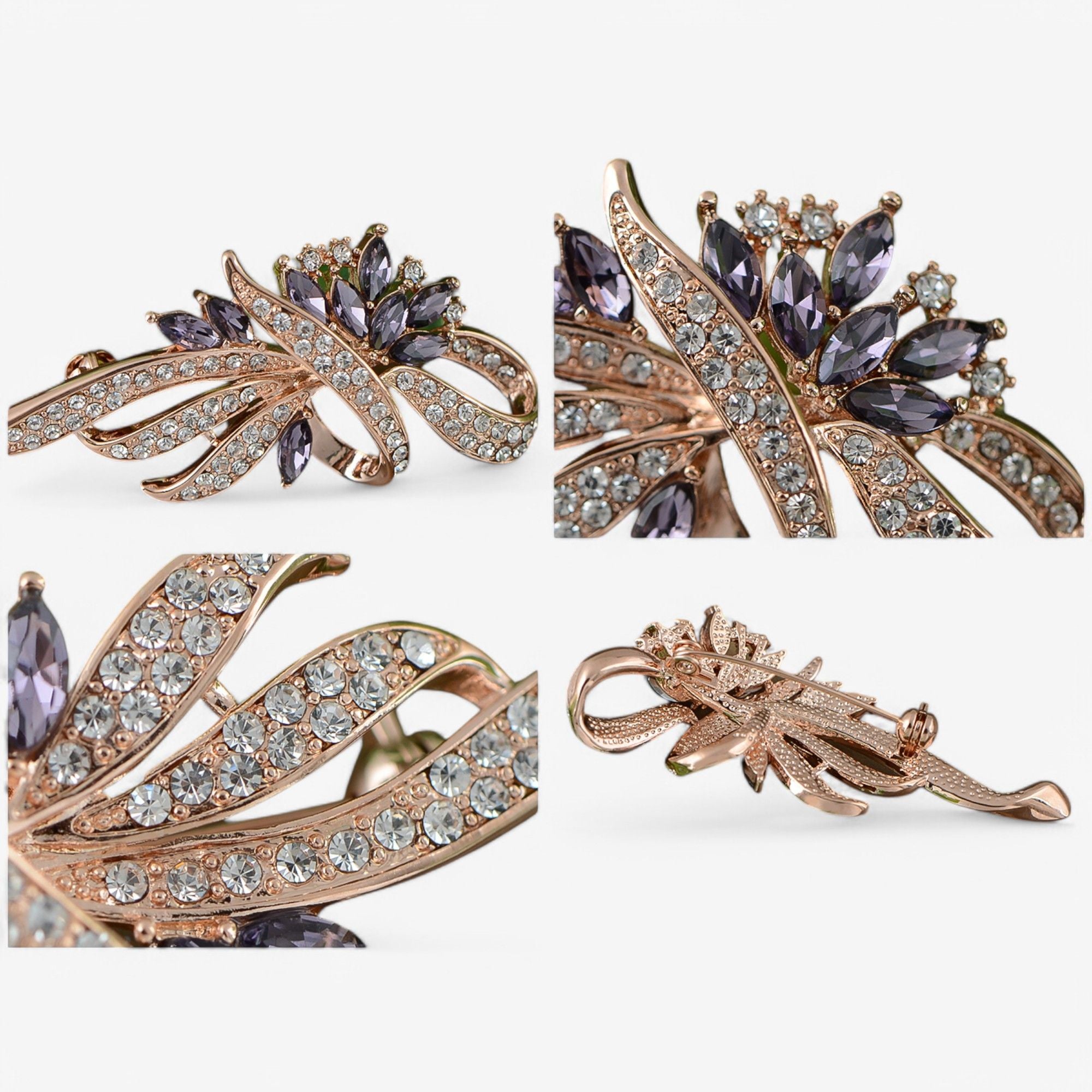 Elegant Floral Brooch with Purple Crystal Rhinestone Accents