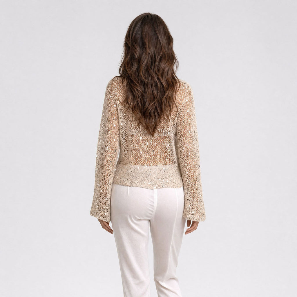 Sequin Open Knit Long Sleeve Sheer Pullover Top