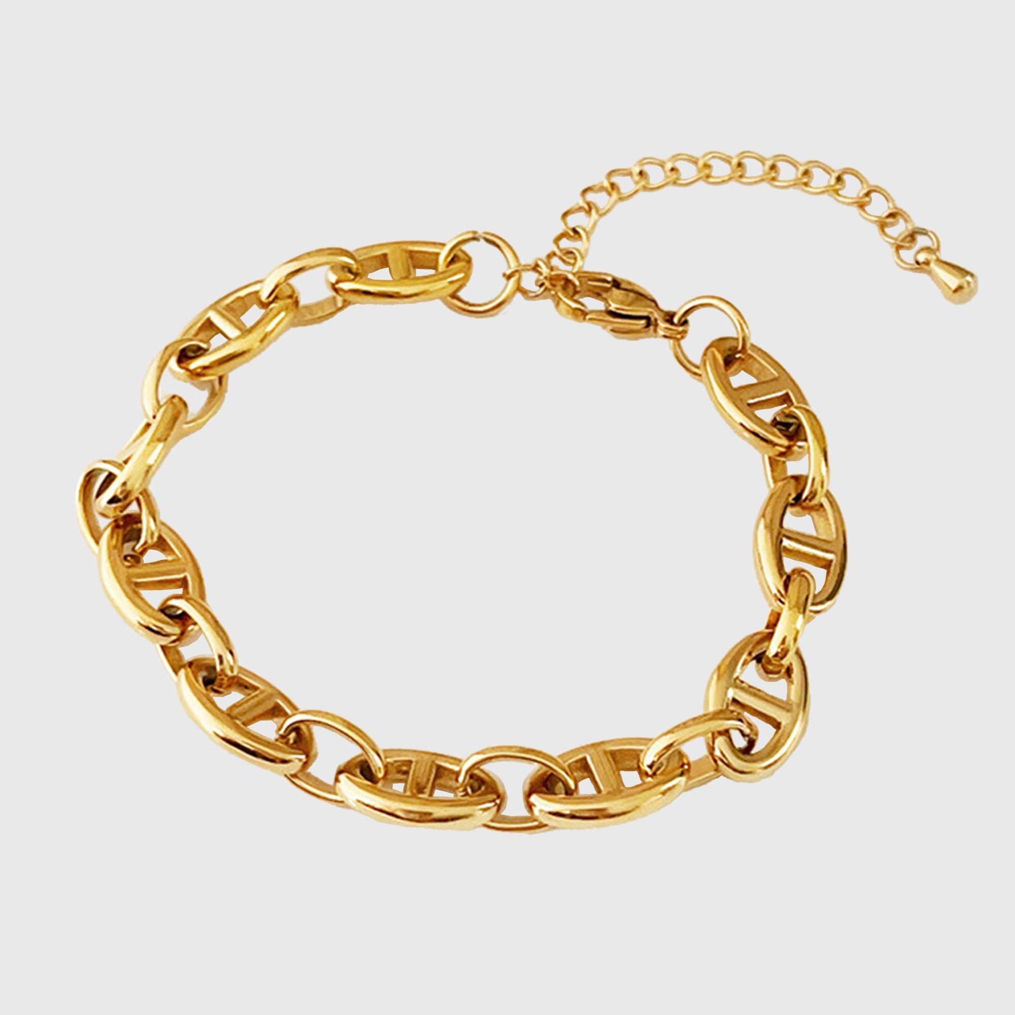 Women's Link Bracelet with Adjustable Chain - Chunky Geometric Pattern Bracelets for Modern Elegant Styling