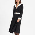 Contrast Collar Belted Midi Dress Long Sleeve Button Front Fit and Flare