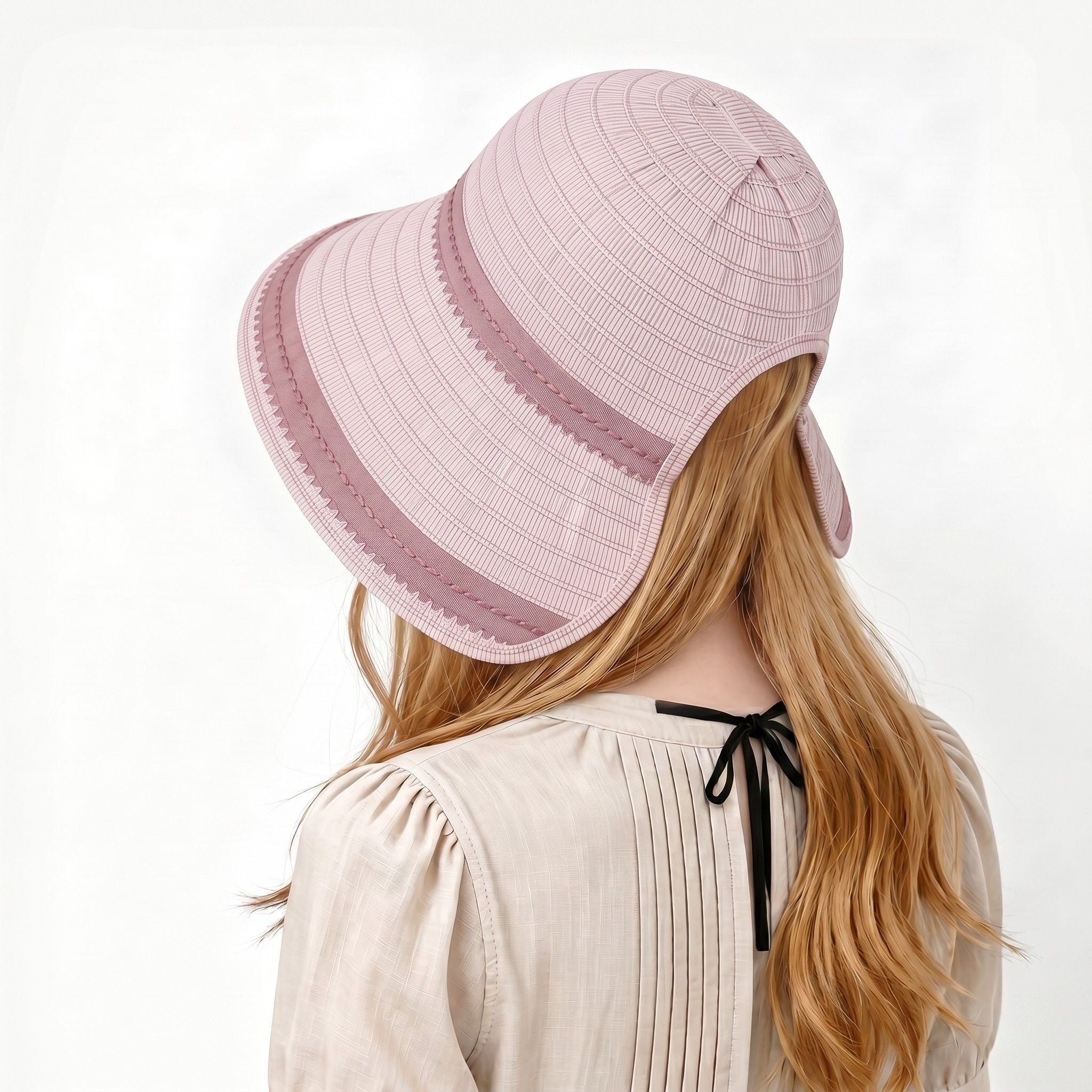 Striped Bucket Sun Hat Wide Brim Adjustable Chin Strap Packable Beach Hat