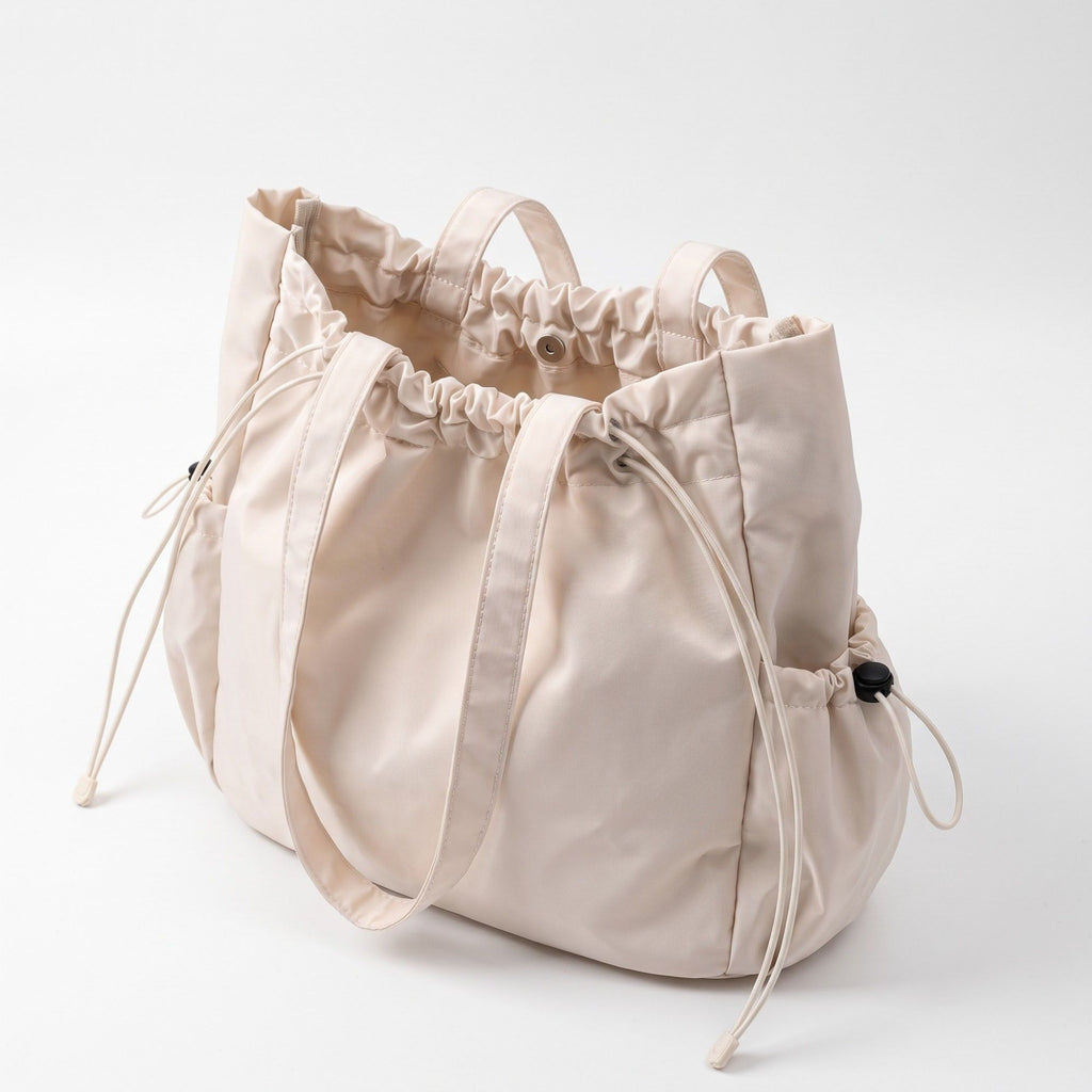 Drawstring Tote Bag with Long Shoulder Straps and Adjustable Side Pockets 12.5x13x5.5in