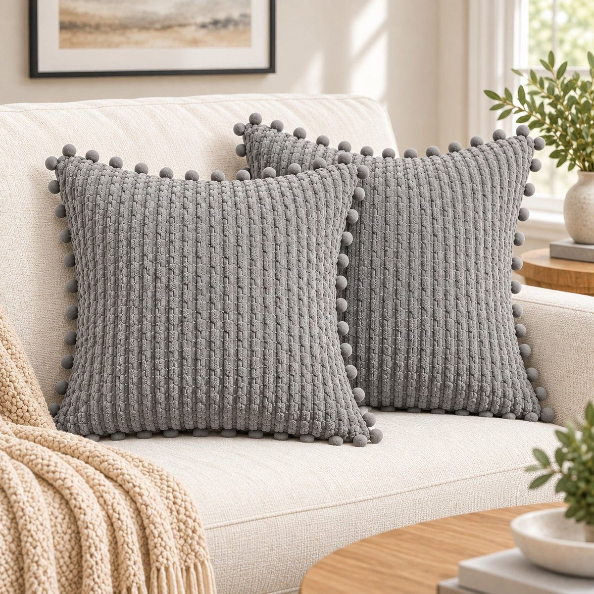 2 Pack Double Sided Corduroy Throw Pillow Covers 18 x 18 Inch with Pom Pom Trim