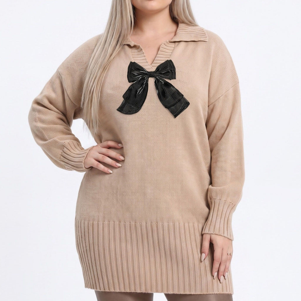 Plus Size Bow Detail Collared Sweater Dress