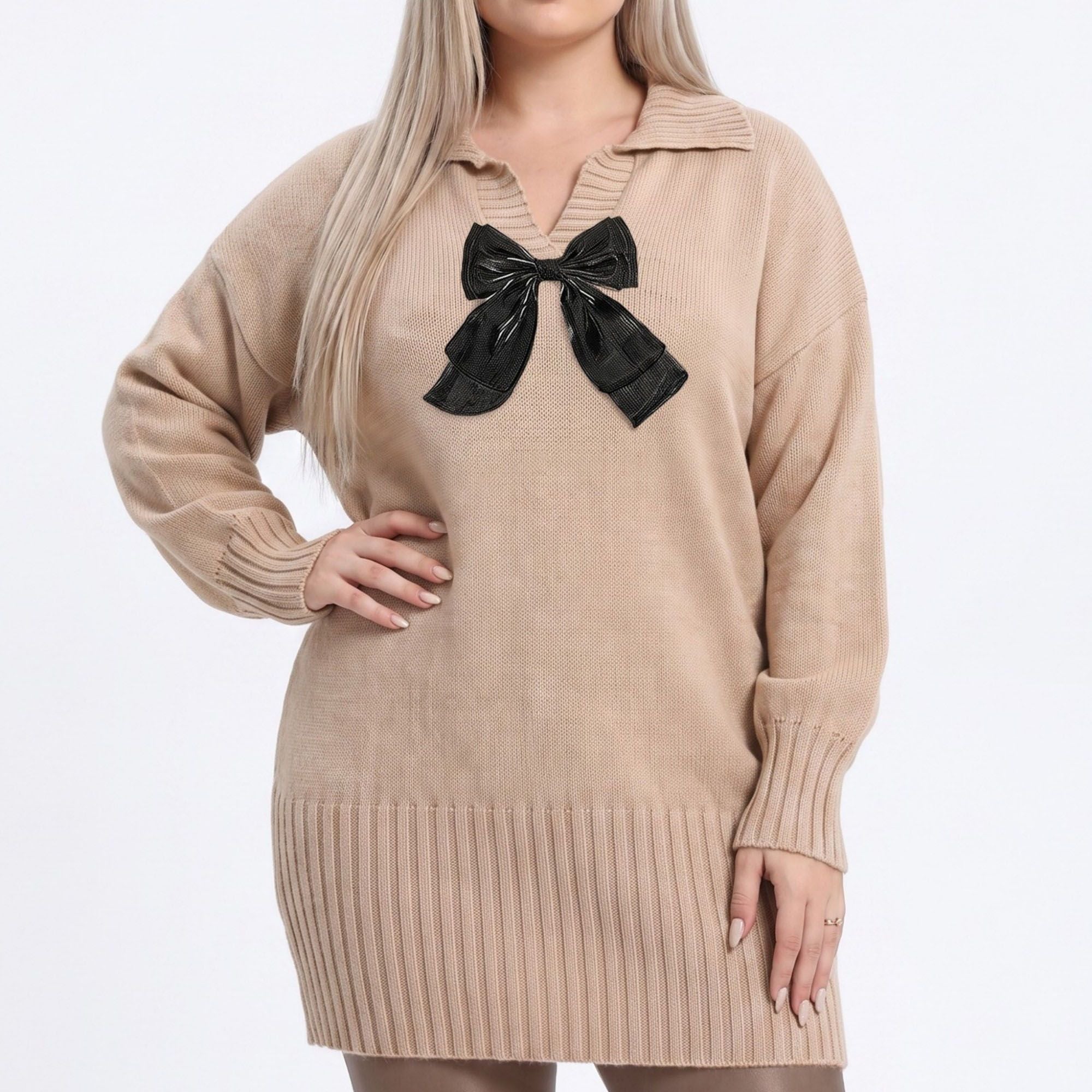 Plus Size Bow Detail Collared Sweater Dress