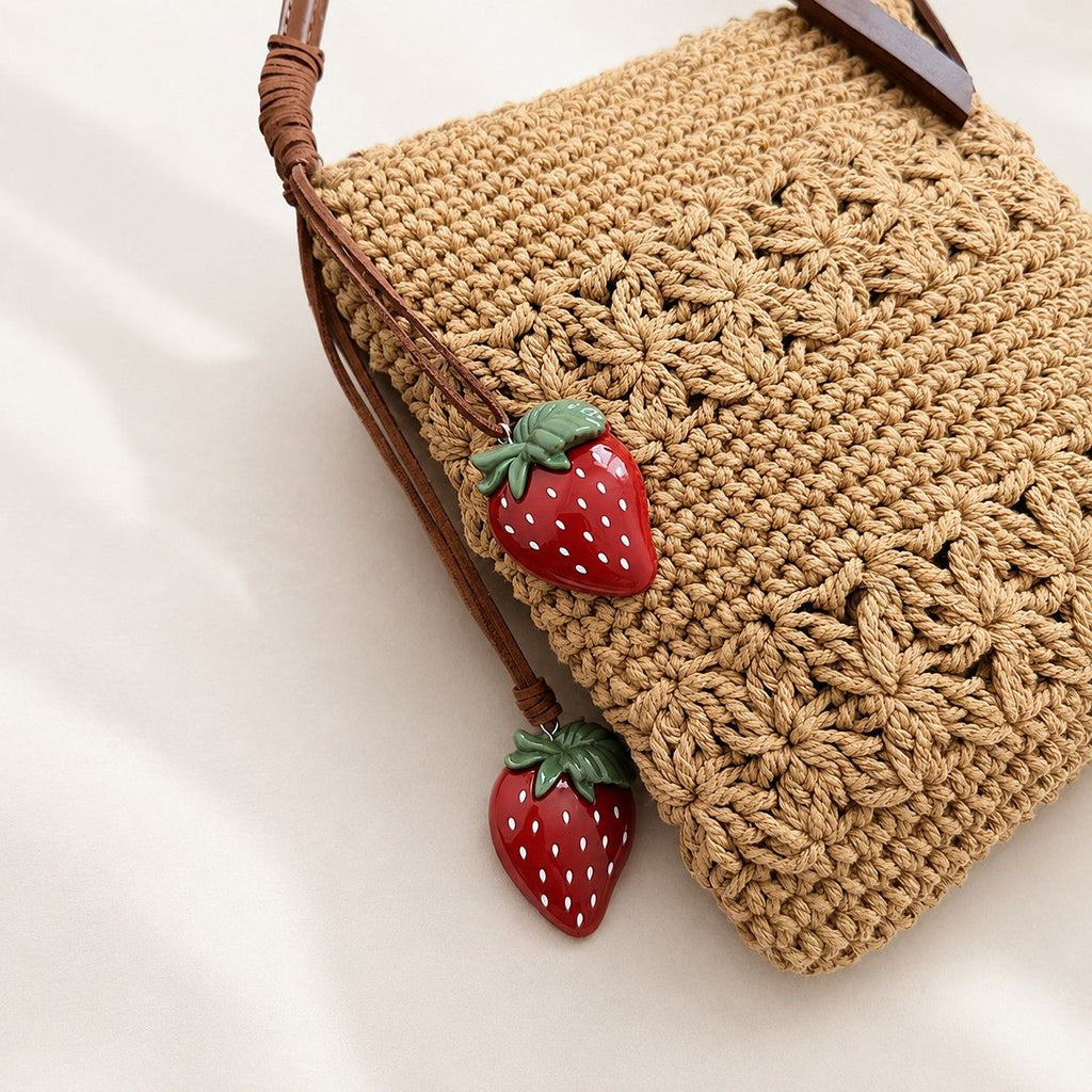 Crochet Crossbody Bag with Strawberry Charm, Adjustable Strap and Zip Closure