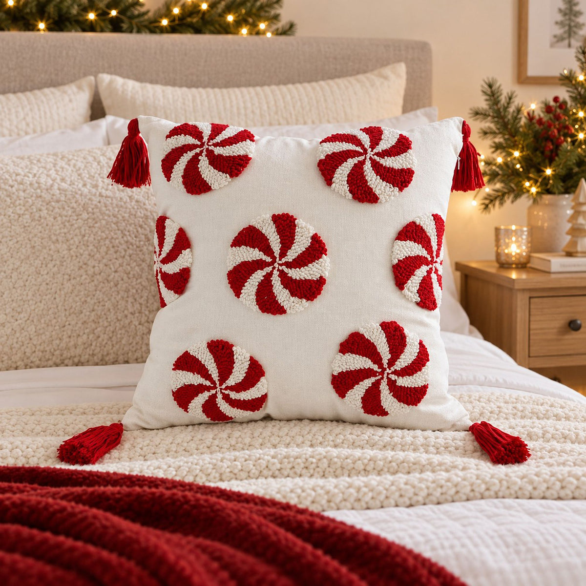 Christmas Peppermint Tufted Tassel Throw Pillow Cover