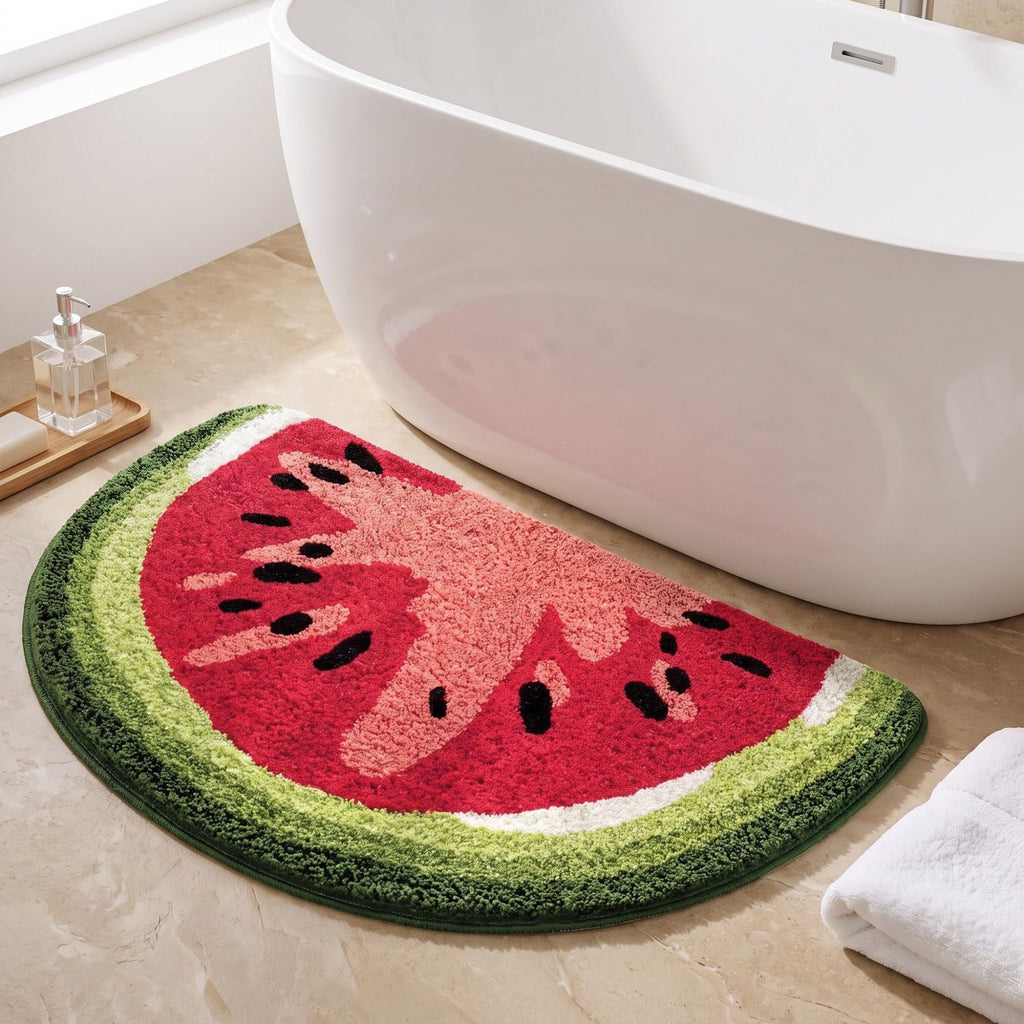 Kiwi Fruit Slice Plush Semicircle Bathroom Mat with Green Tufted Design